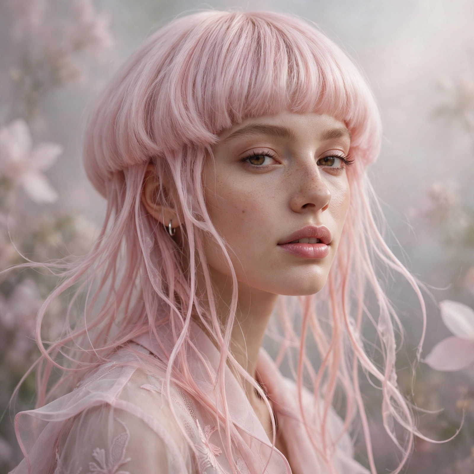 woman with pastel pink jellyfish haircut, dreamy fashion color, premium portrait, no text