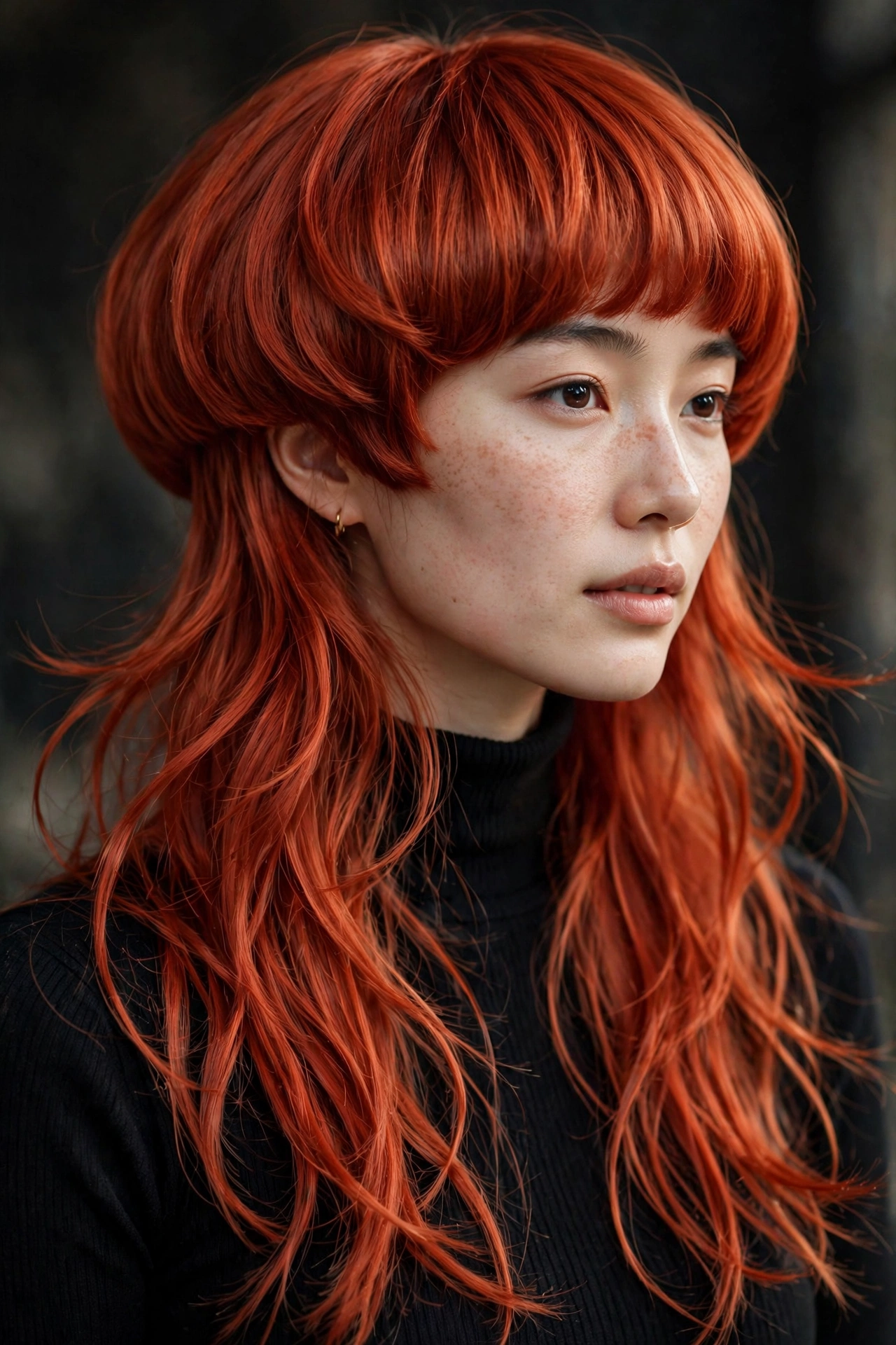 woman with copper red jellyfish haircut, vibrant glossy color, premium photography, no text