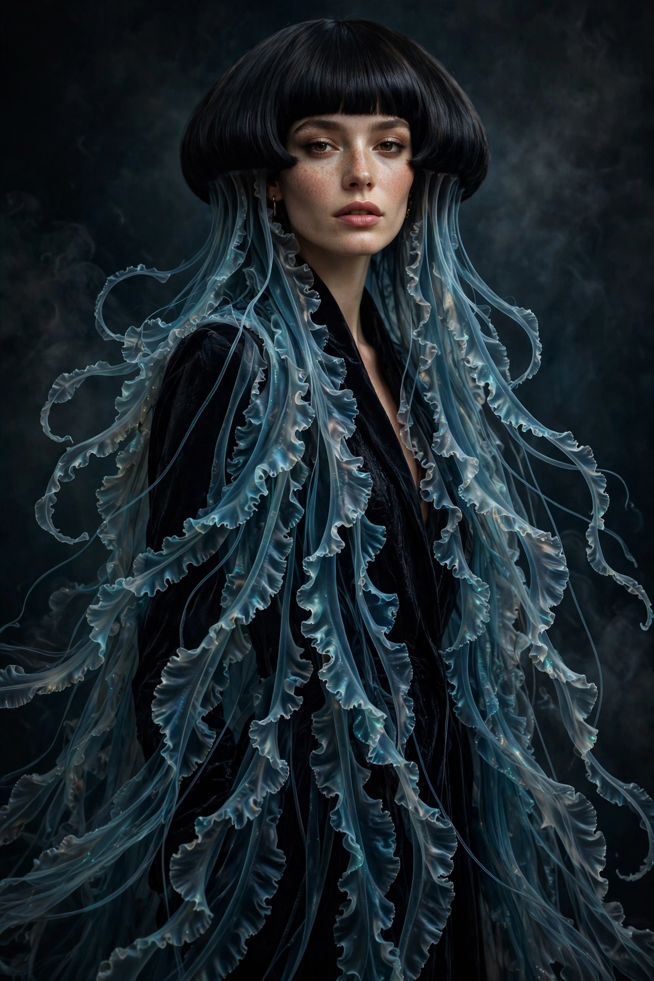woman with extra-long jellyfish haircut, very long flowing tentacle layers past waist, dramatic premium portrait, no text