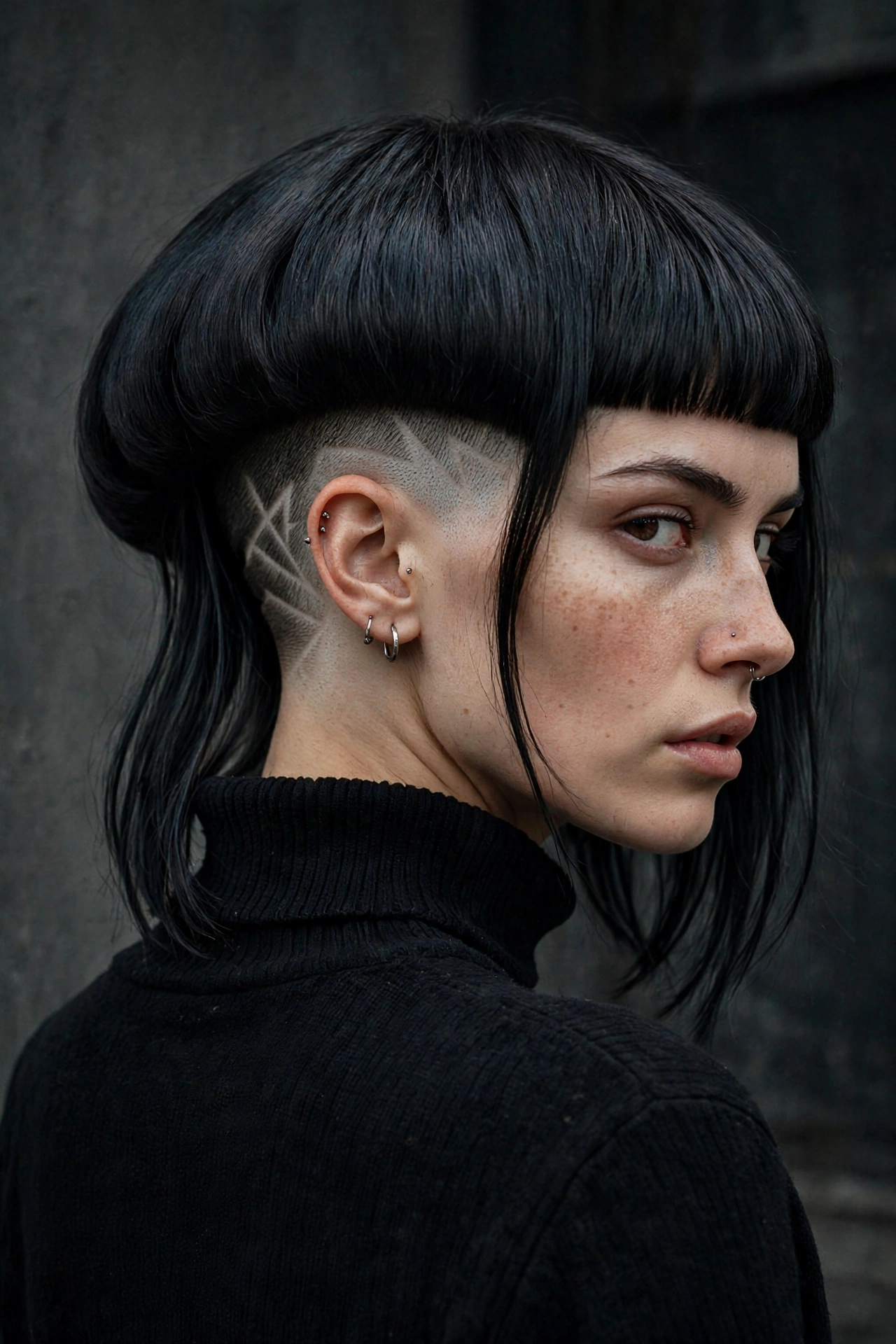 woman with jellyfish haircut revealing hidden undercut nape design, edgy detail, premium photography, no text