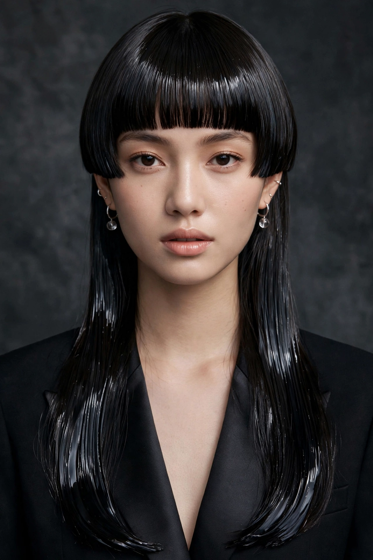 woman with sleek glass-hair jellyfish cut, pin-straight ultra-glossy finish, high-fashion premium portrait, no text