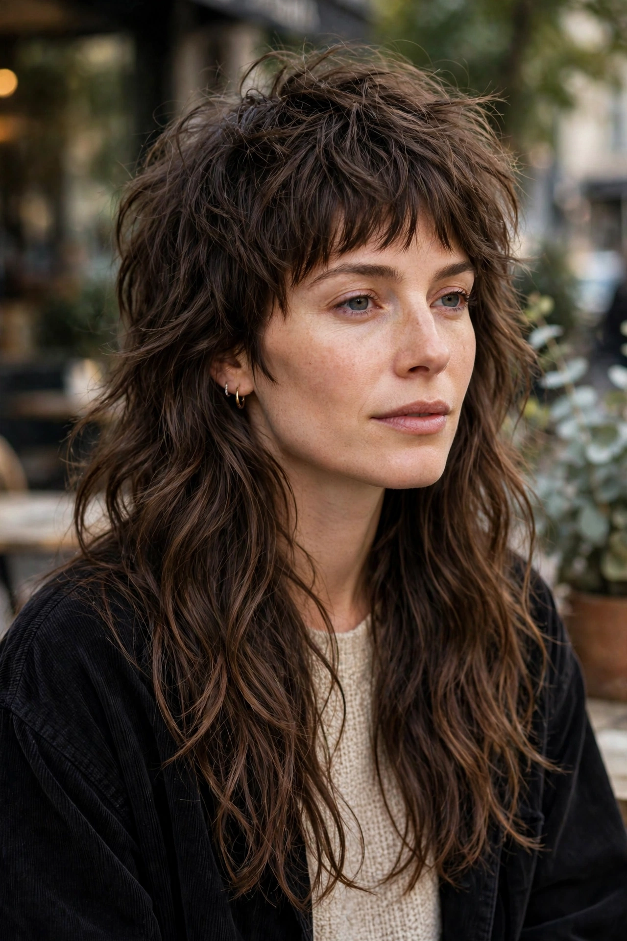 woman with shaggy textured jellyfish haircut, lived-in tousled top layer, effortless cool, premium photography, no text