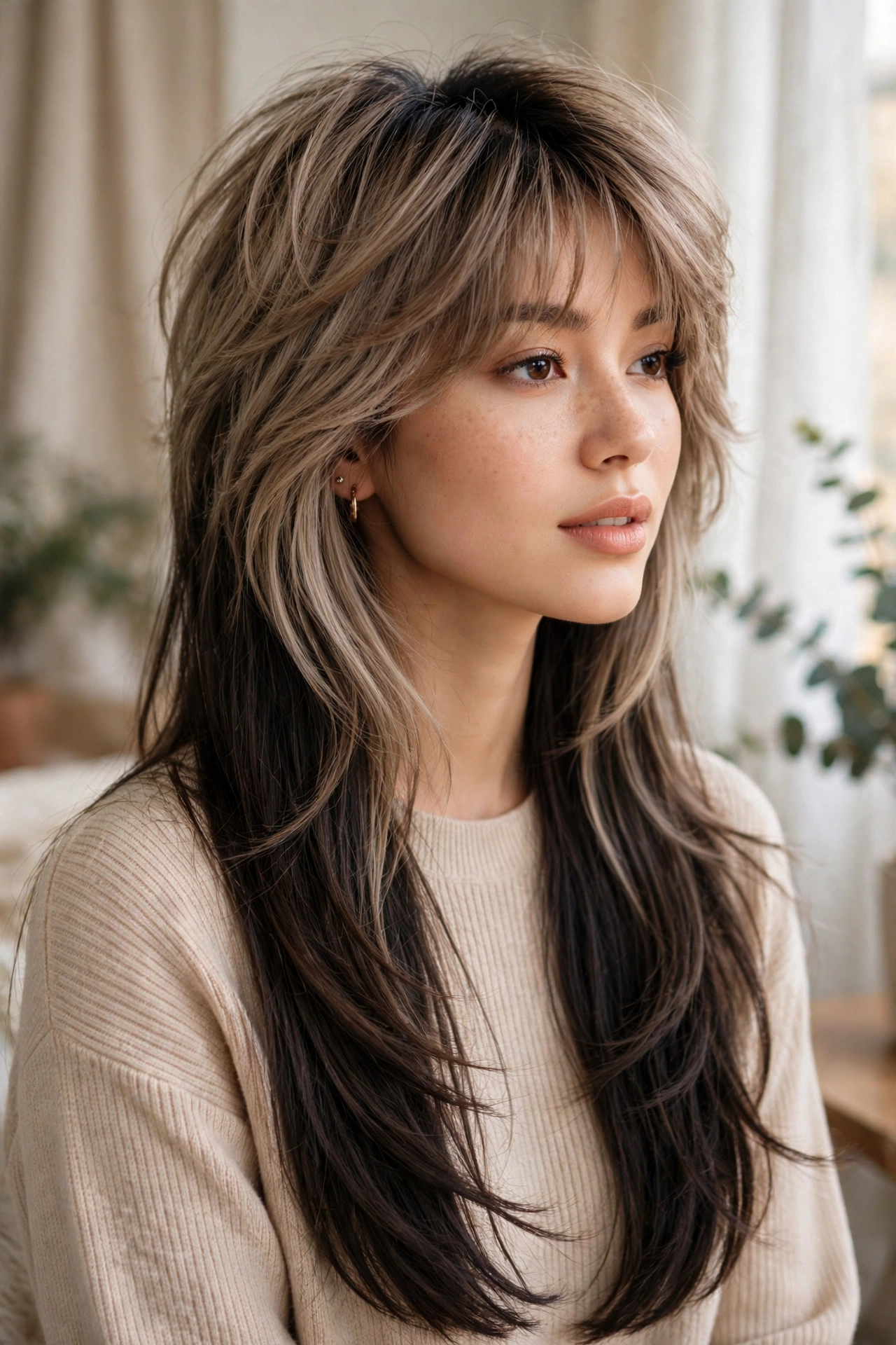 woman with grown-out jellyfish haircut transitioning into layered long hair, soft regrowth stage, premium portrait, no text