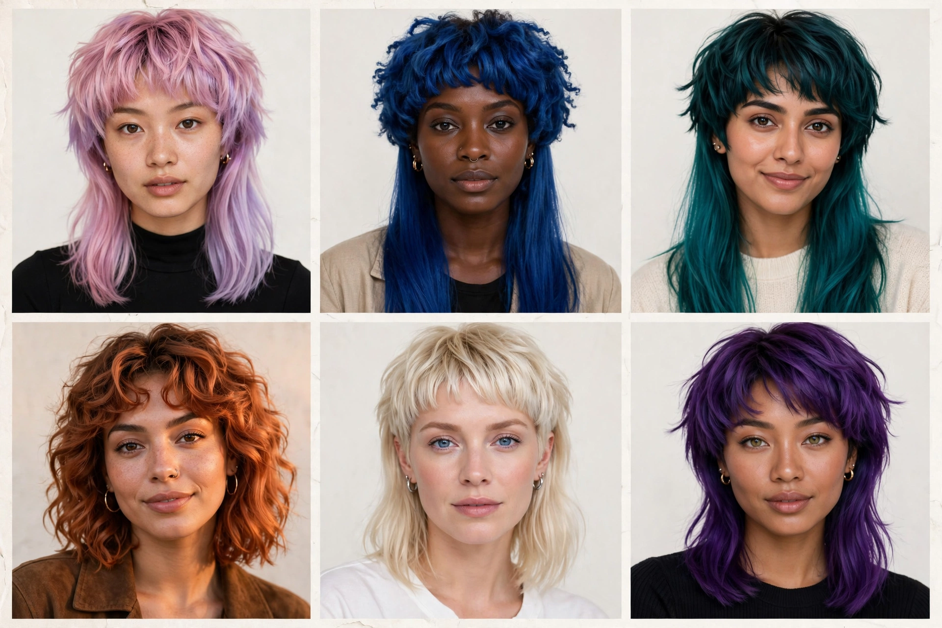 collage-style arrangement of jellyfish haircut variations on diverse women, different colors and lengths, premium photography, clean background, no text