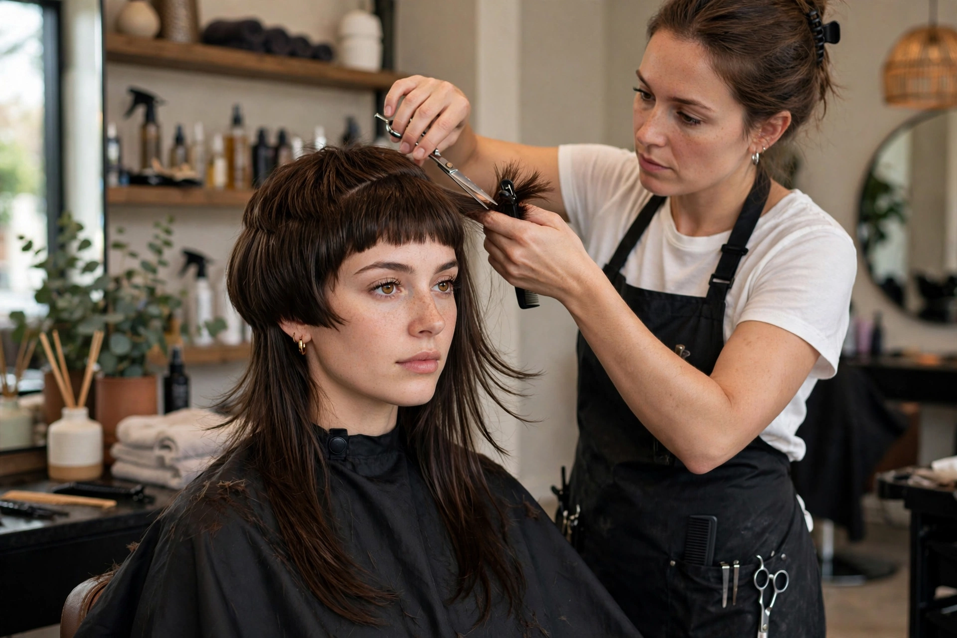 hairstylist trimming a woman's jellyfish haircut top layer with scissors, salon maintenance, professional photography, no text