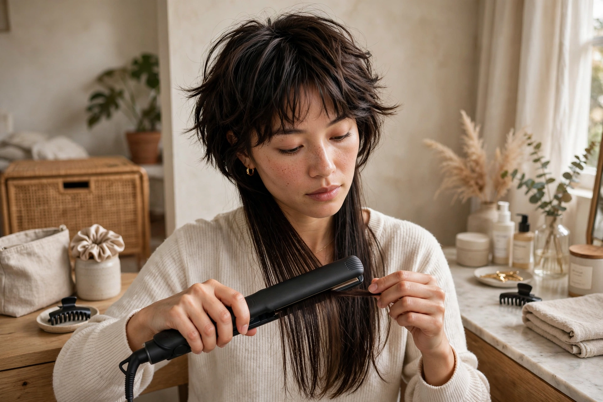 woman styling her jellyfish haircut at home with flat iron, straightening the long layer, premium lifestyle photography, no text
