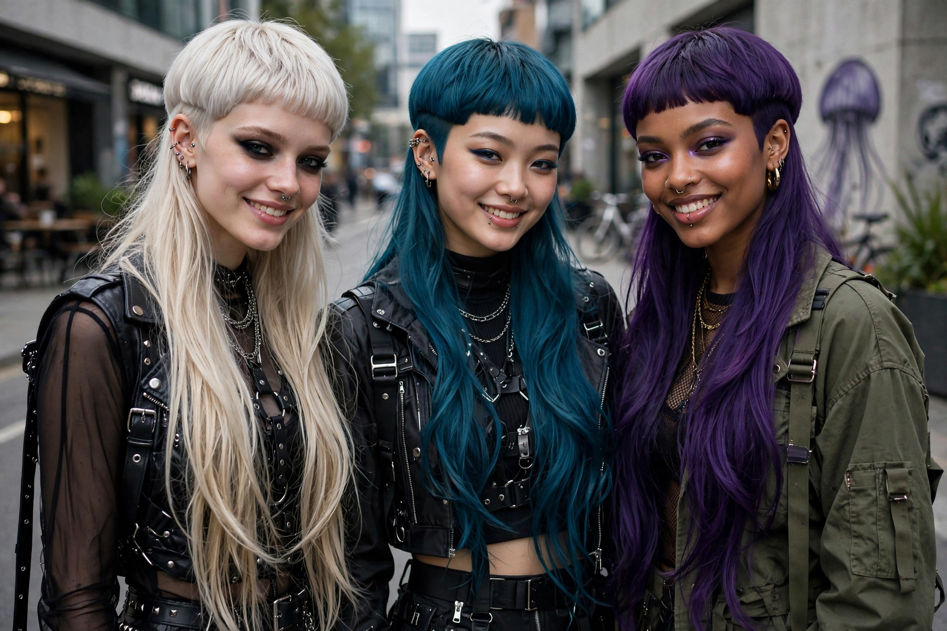 fashion-forward young women with jellyfish haircuts, edgy 2026 street style, premium photography, no text