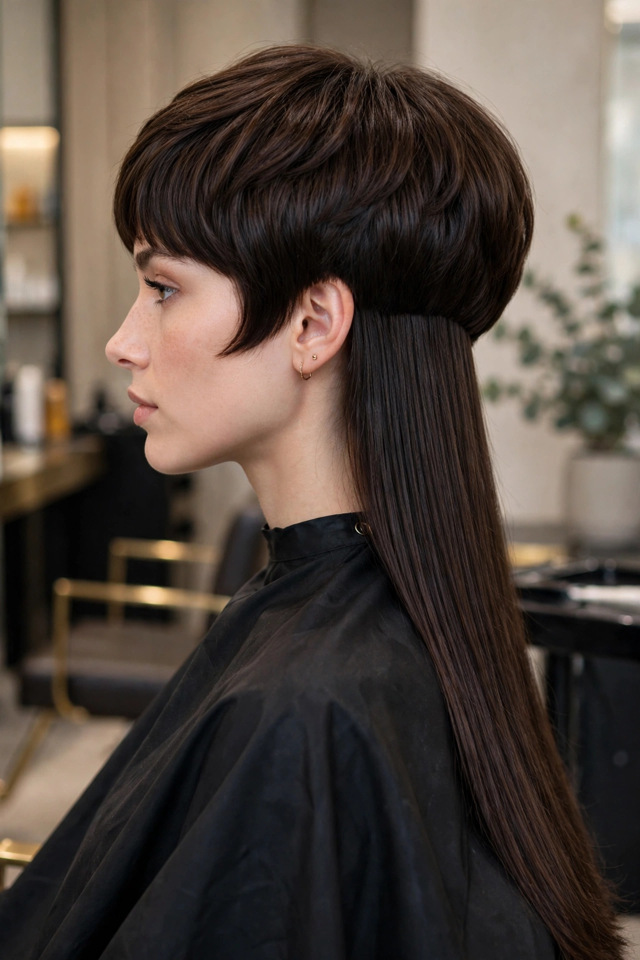 side profile portrait of woman showing jellyfish haircut structure, short rounded top layer and long straight ends, premium salon photography, no text