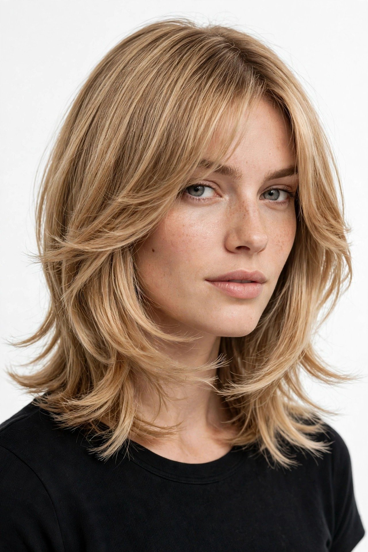 Classic kitty cut with soft seamless layers and feathered ends, collarbone-length honey-blonde hair