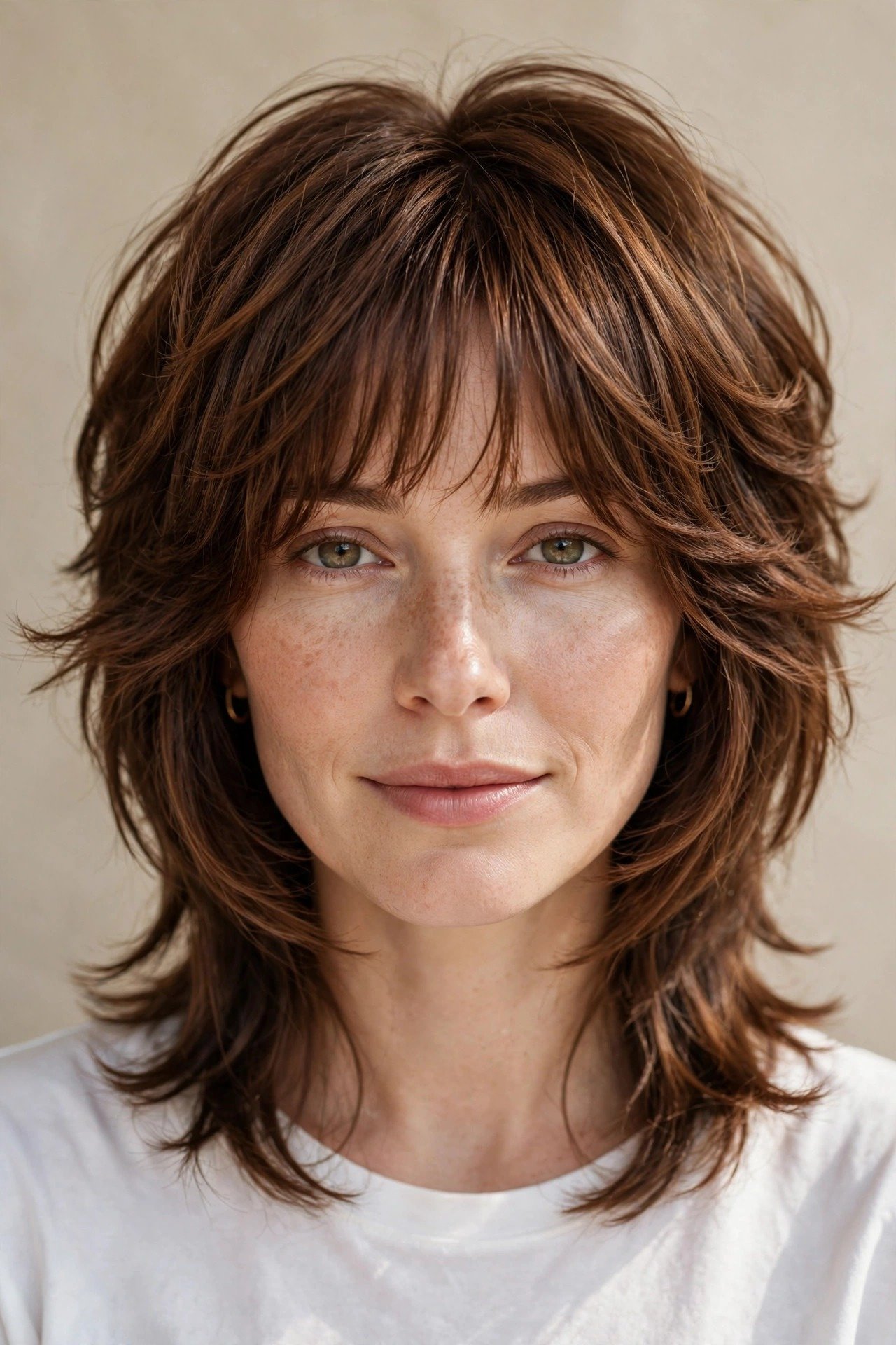 Kitty cut with curtain bangs, soft layered cut with wispy curtain fringe, warm chestnut-brown hair