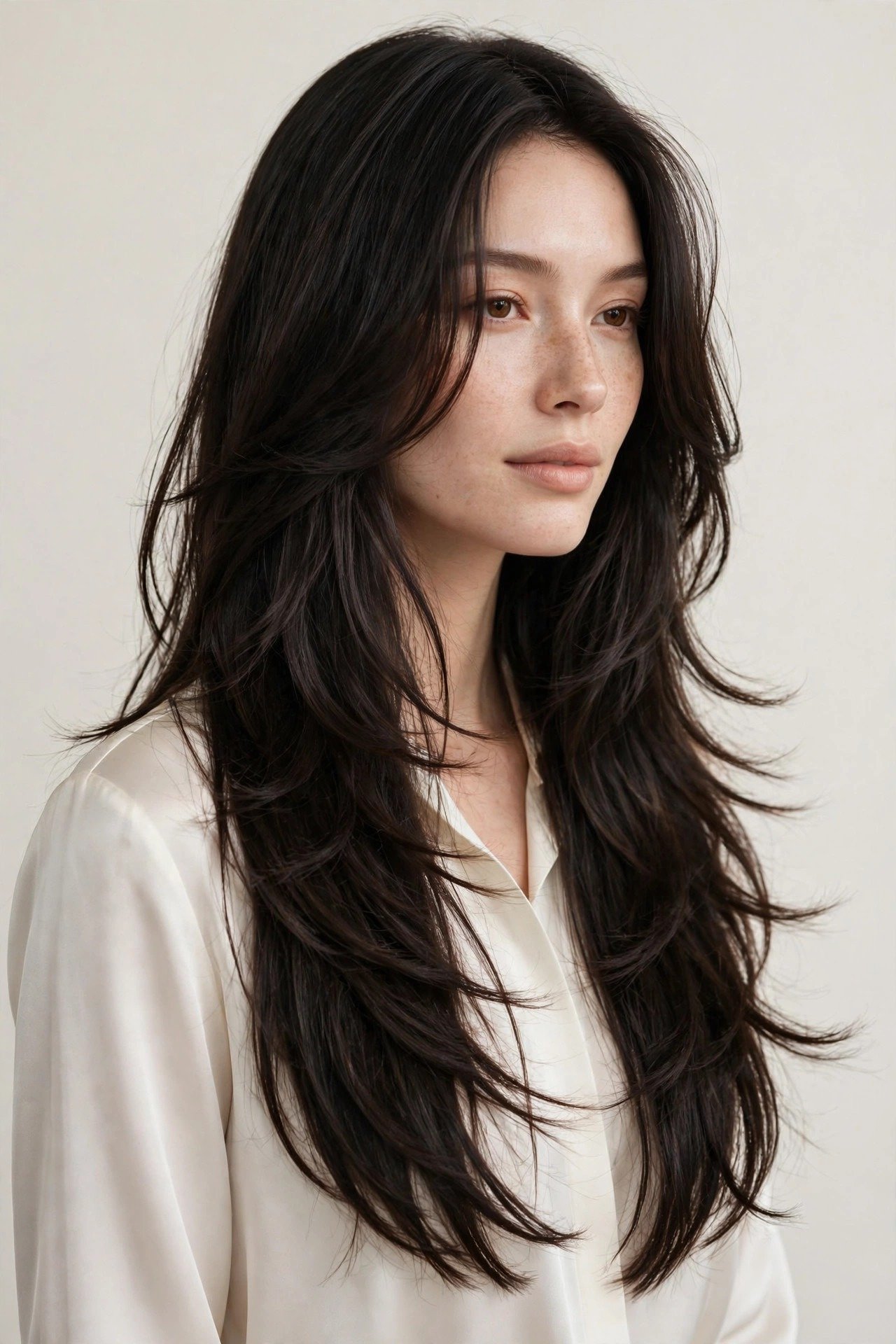 Long kitty cut with soft flowing layers on long dark hair, gentle face-framing and natural bounce
