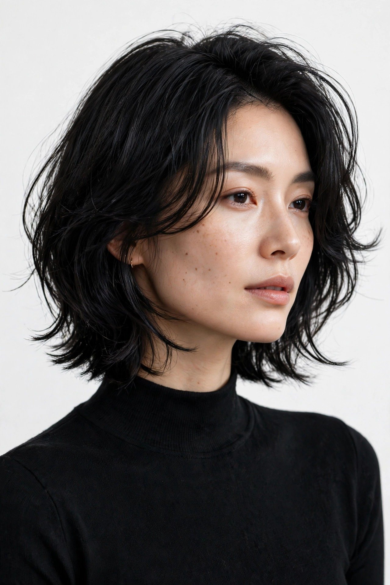 Short kitty cut at the collarbone with feathered ends and bouncy volume, glossy black hair