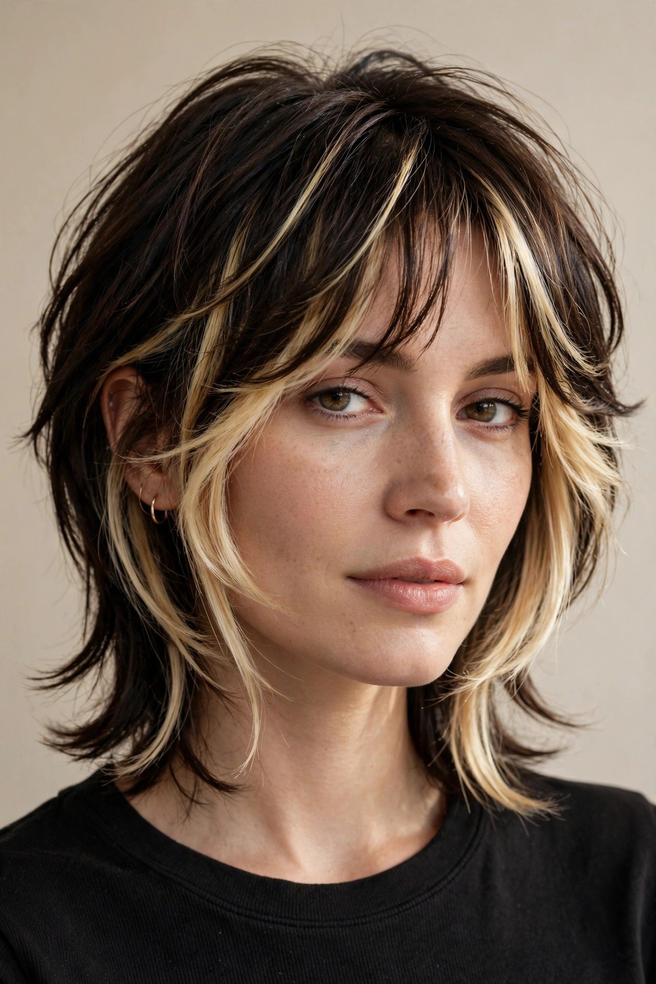 Kitty cut with face-framing highlights, bright blonde pieces on dark brunette layered hair, luminous dimension