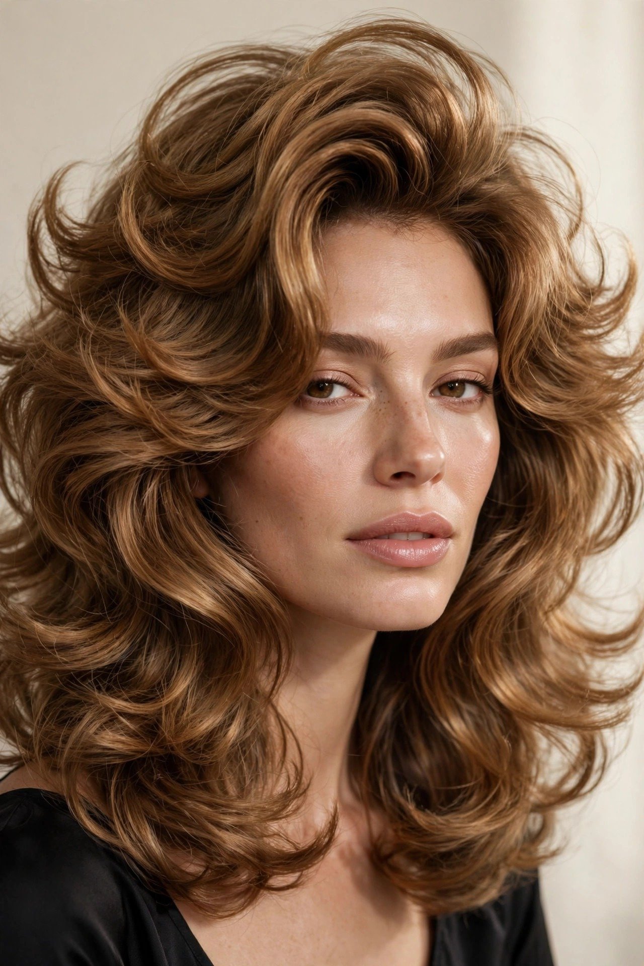Voluminous bouncy kitty cut with big soft blowout volume, golden-brown layered hair full of body