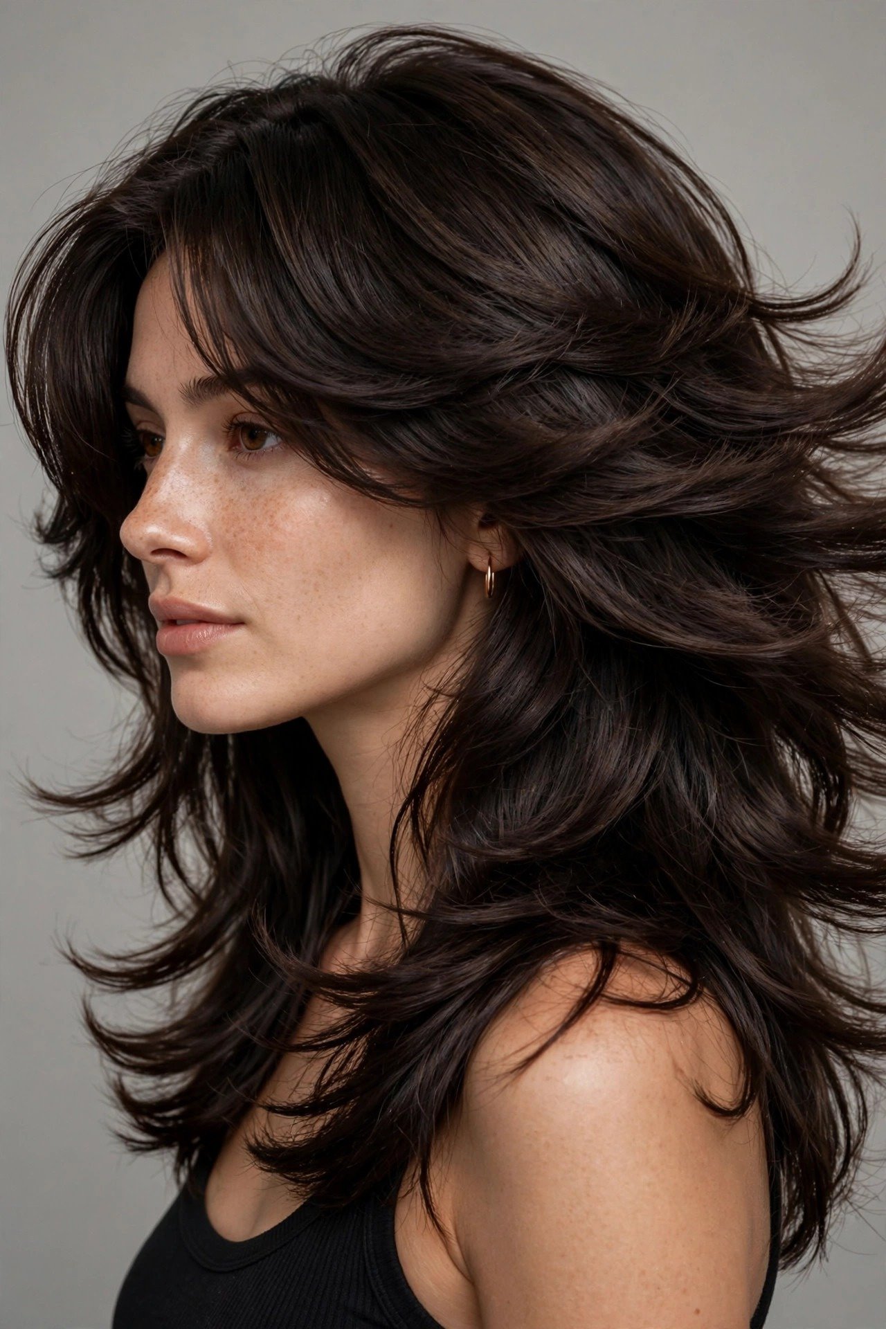 Kitty cut on very thick hair, soft long layers taming dense heavy hair, deep espresso-brown hair with shine