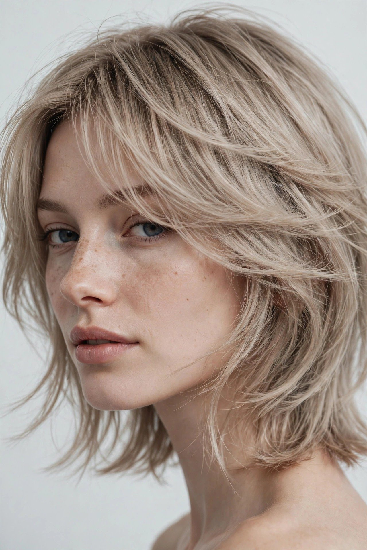 Kitty cut on fine hair, soft delicate layers creating airy movement, light ash-blonde color