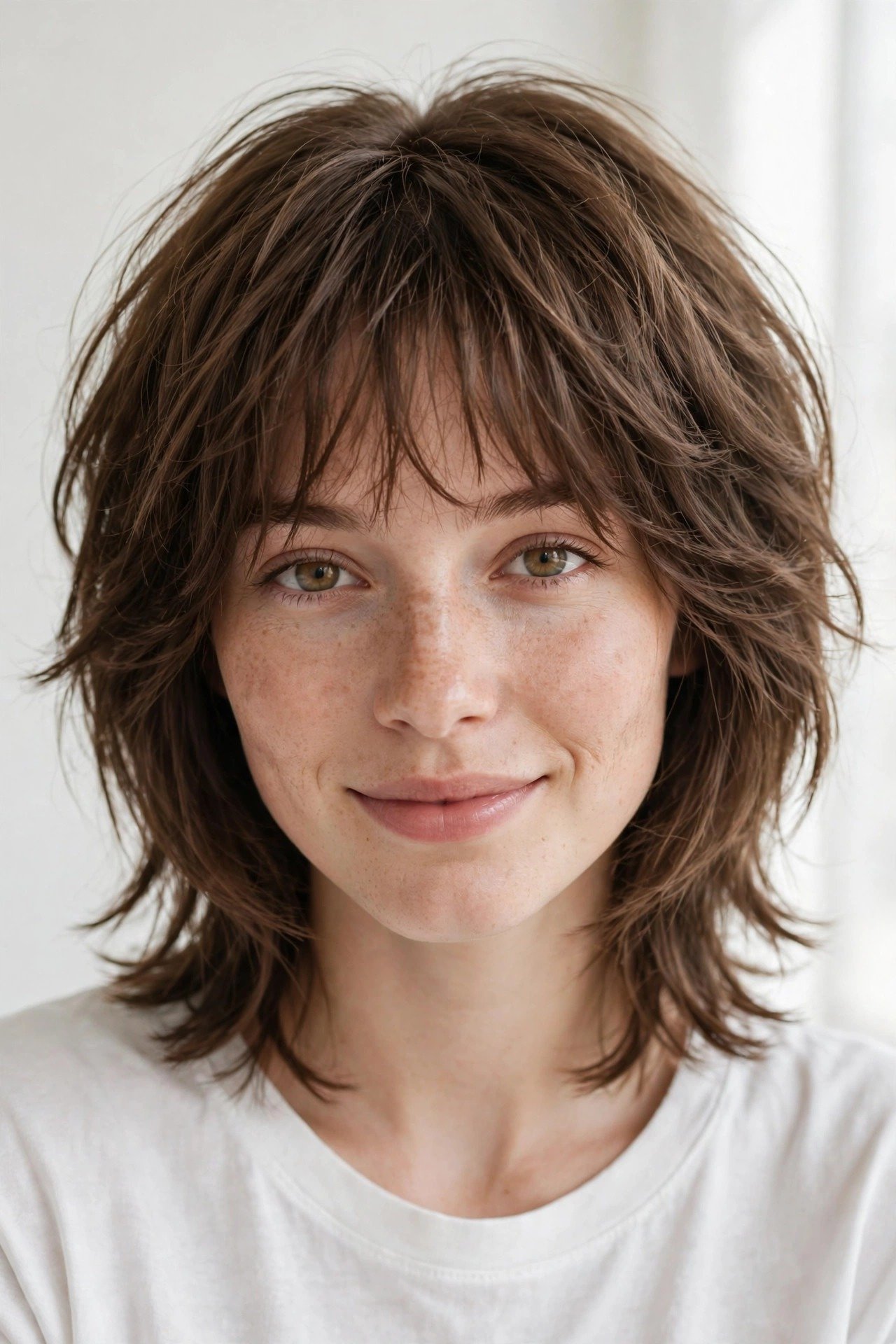 Kitty cut with wispy bangs, soft layered cut with feathery fringe, medium-brown hair