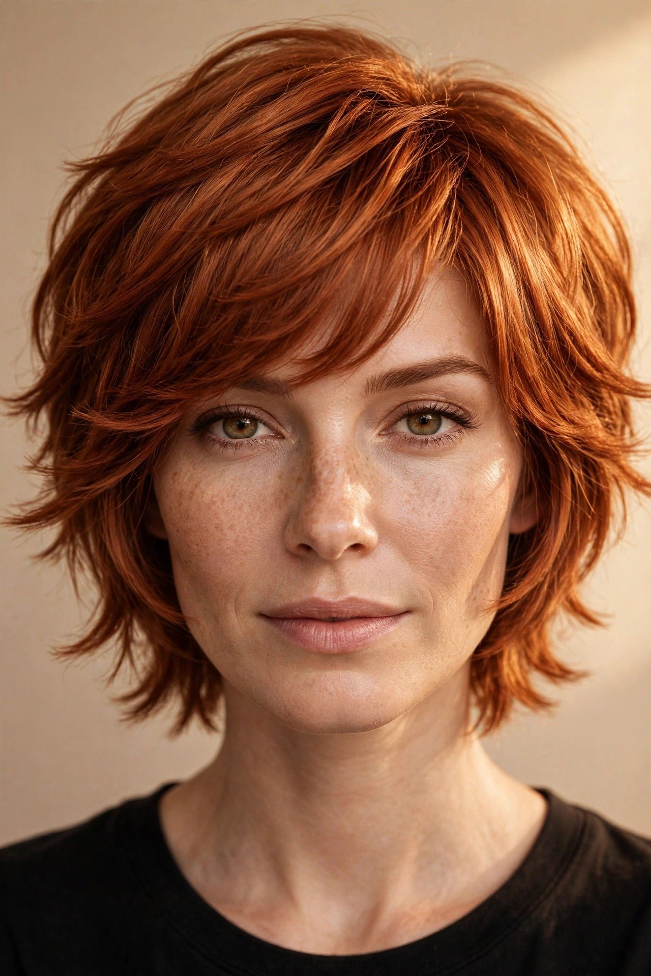 Copper-colored kitty cut, rich copper-red soft layered haircut with feathered ends, warm glowing color