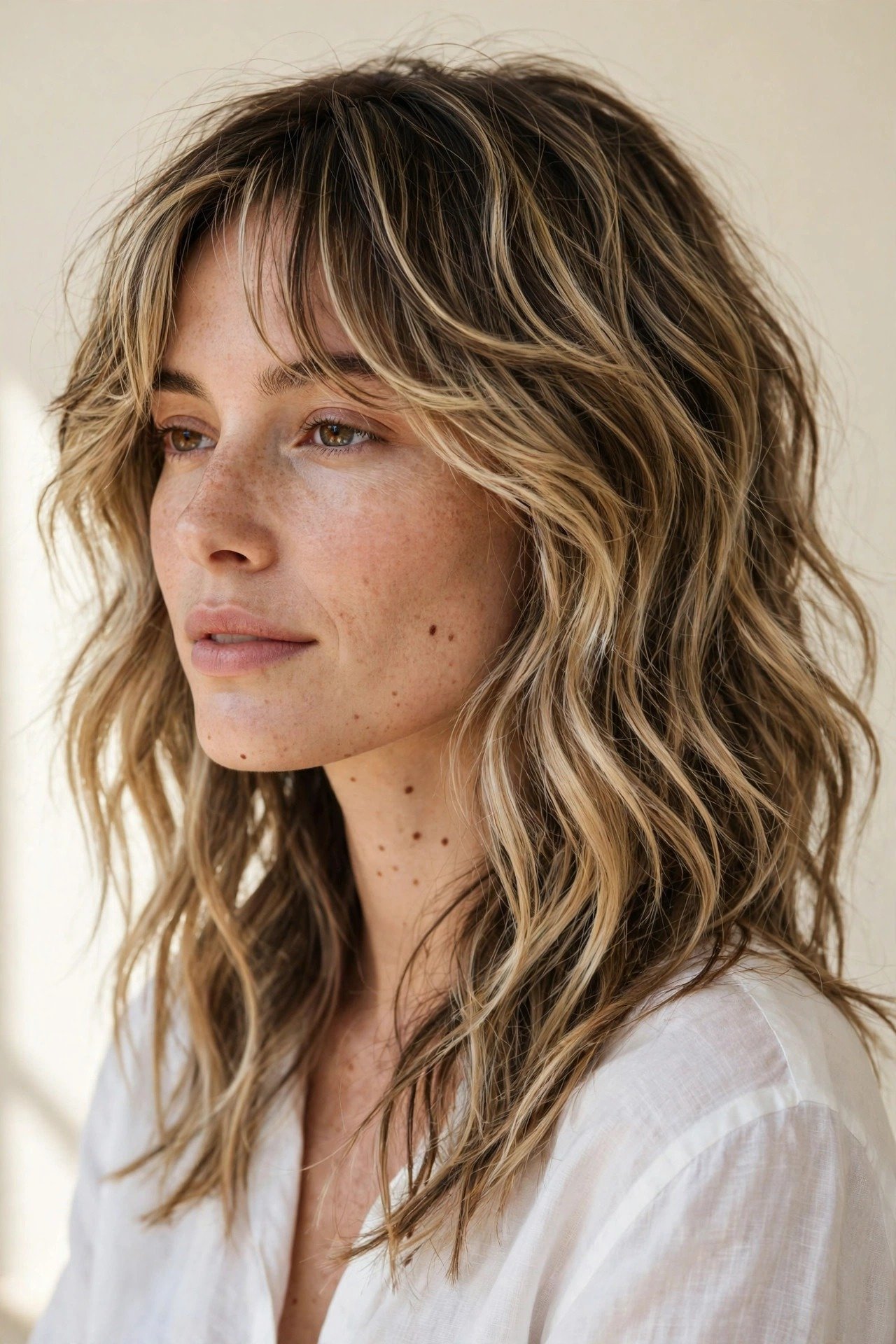 Wavy kitty cut with soft beachy waves through layered hair, sun-kissed dark blonde hair, relaxed beauty