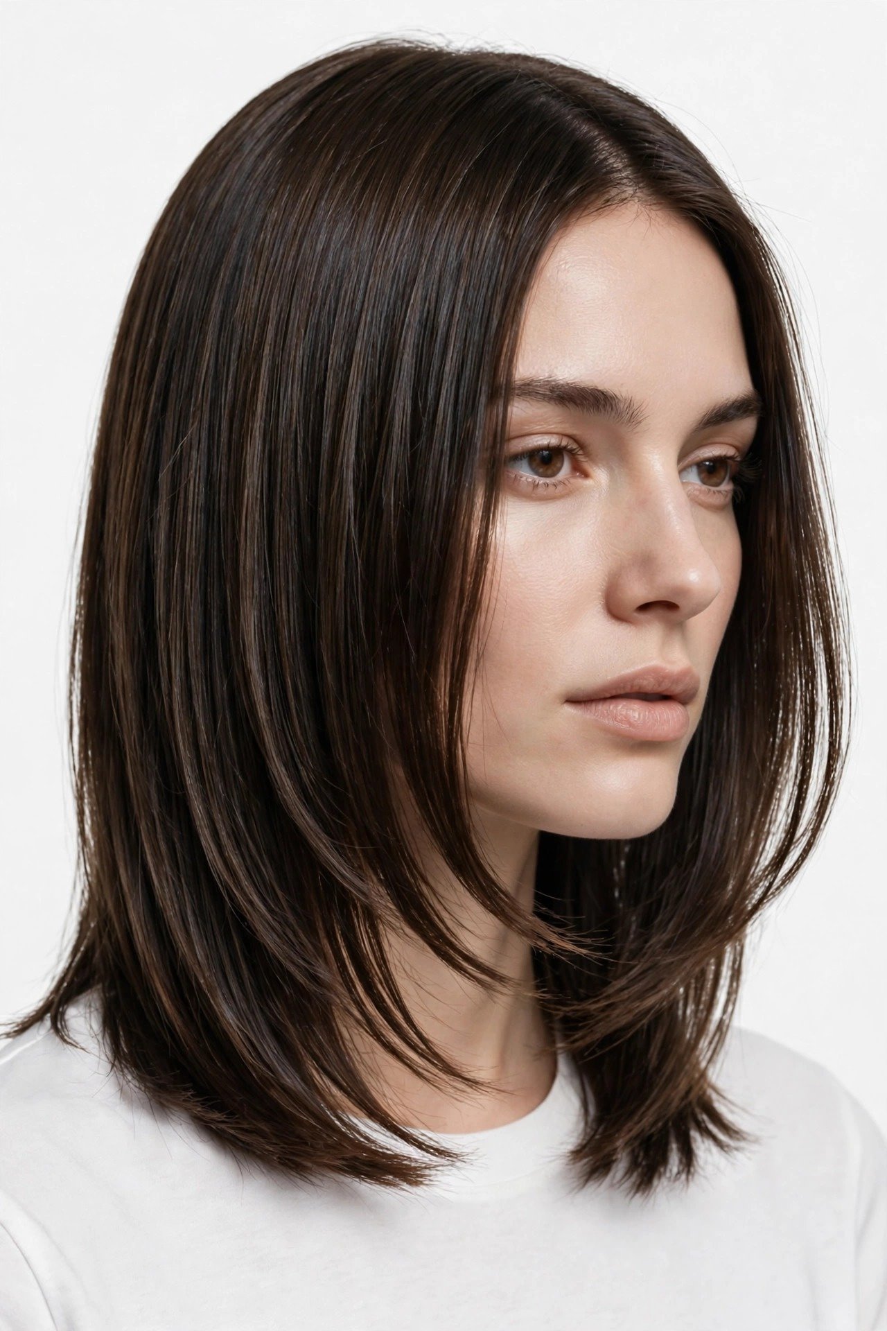 Sleek straight kitty cut, smooth polished layered haircut with glassy finish, dark glossy hair
