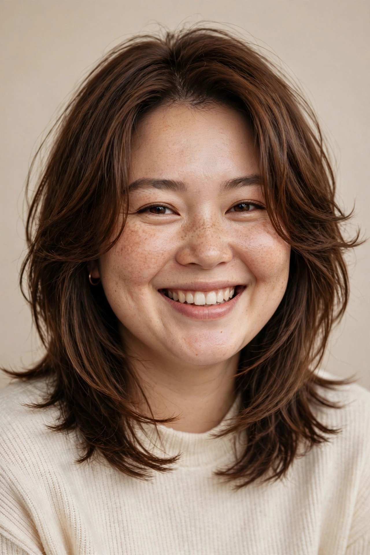 Kitty cut styled for a round face, longer face-framing pieces elongating the face, warm brown hair