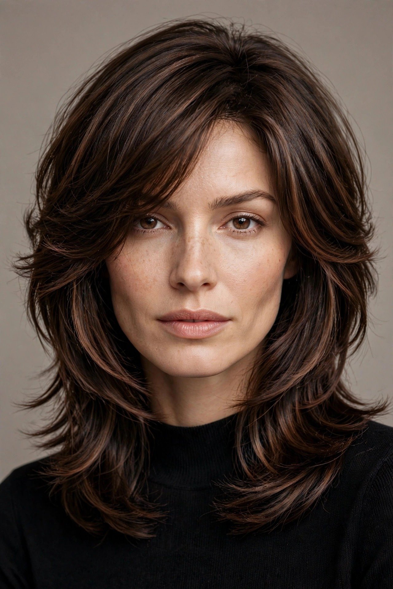 Expensive brunette kitty cut, rich dimensional chocolate-brown layered haircut with glossy shine