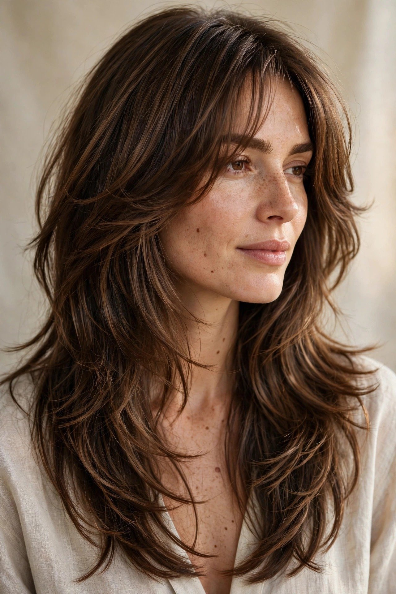 Beautifully grown-out kitty cut, long soft layers grown gracefully, healthy chest-length brown hair
