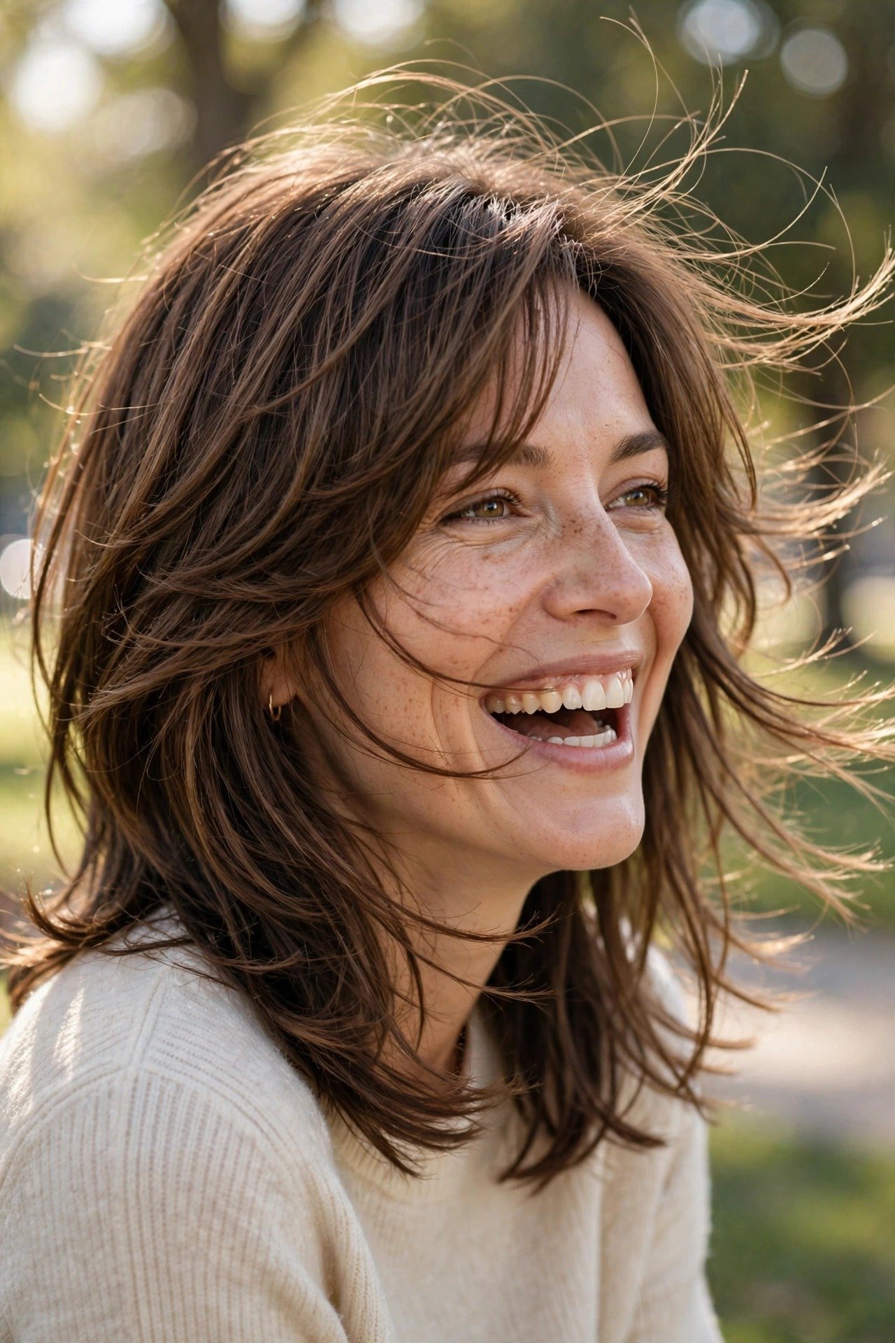 Happy woman with soft kitty cut haircut laughing outdoors, layered brown hair in natural breeze