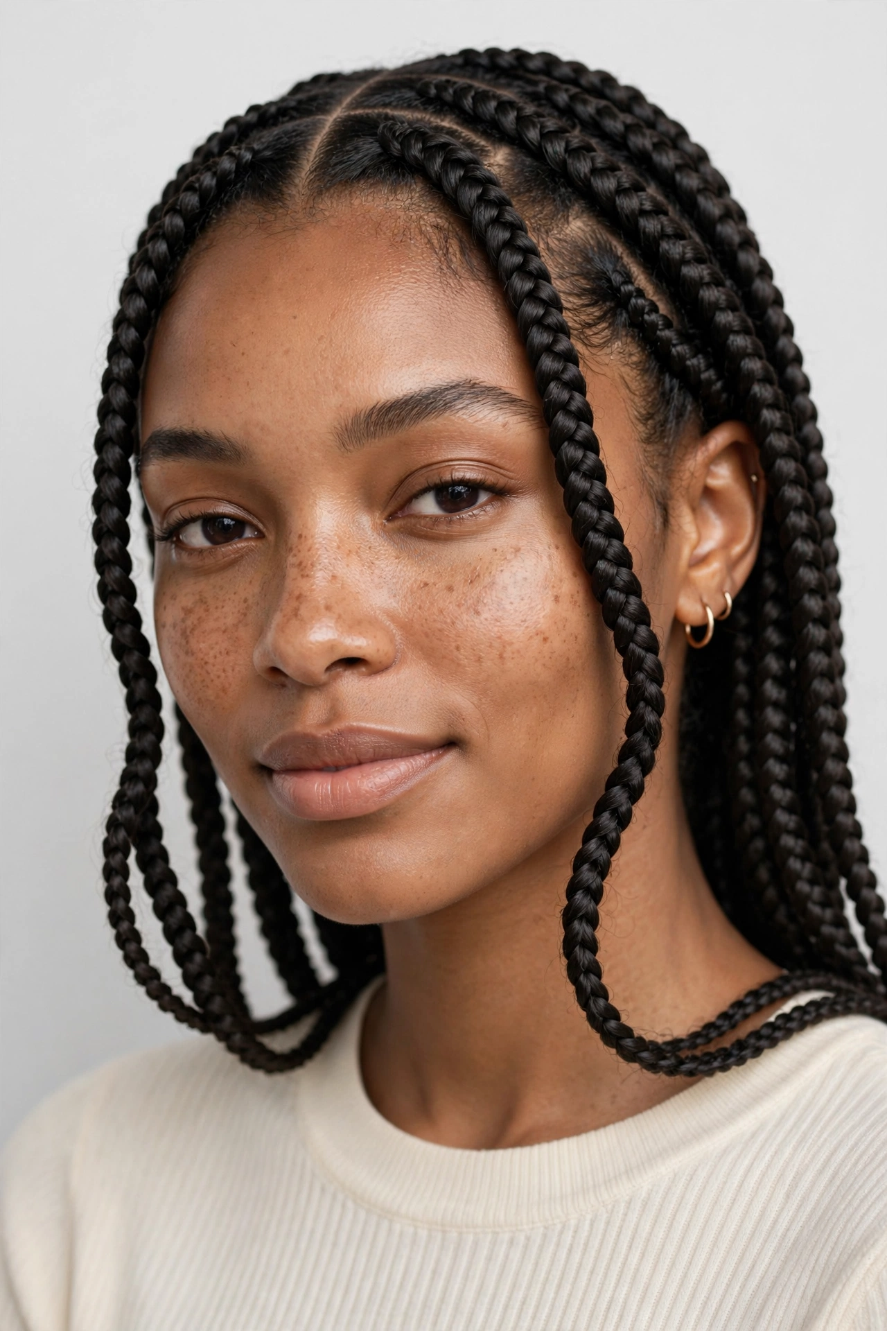 Woman with knotless braids framing her face softly