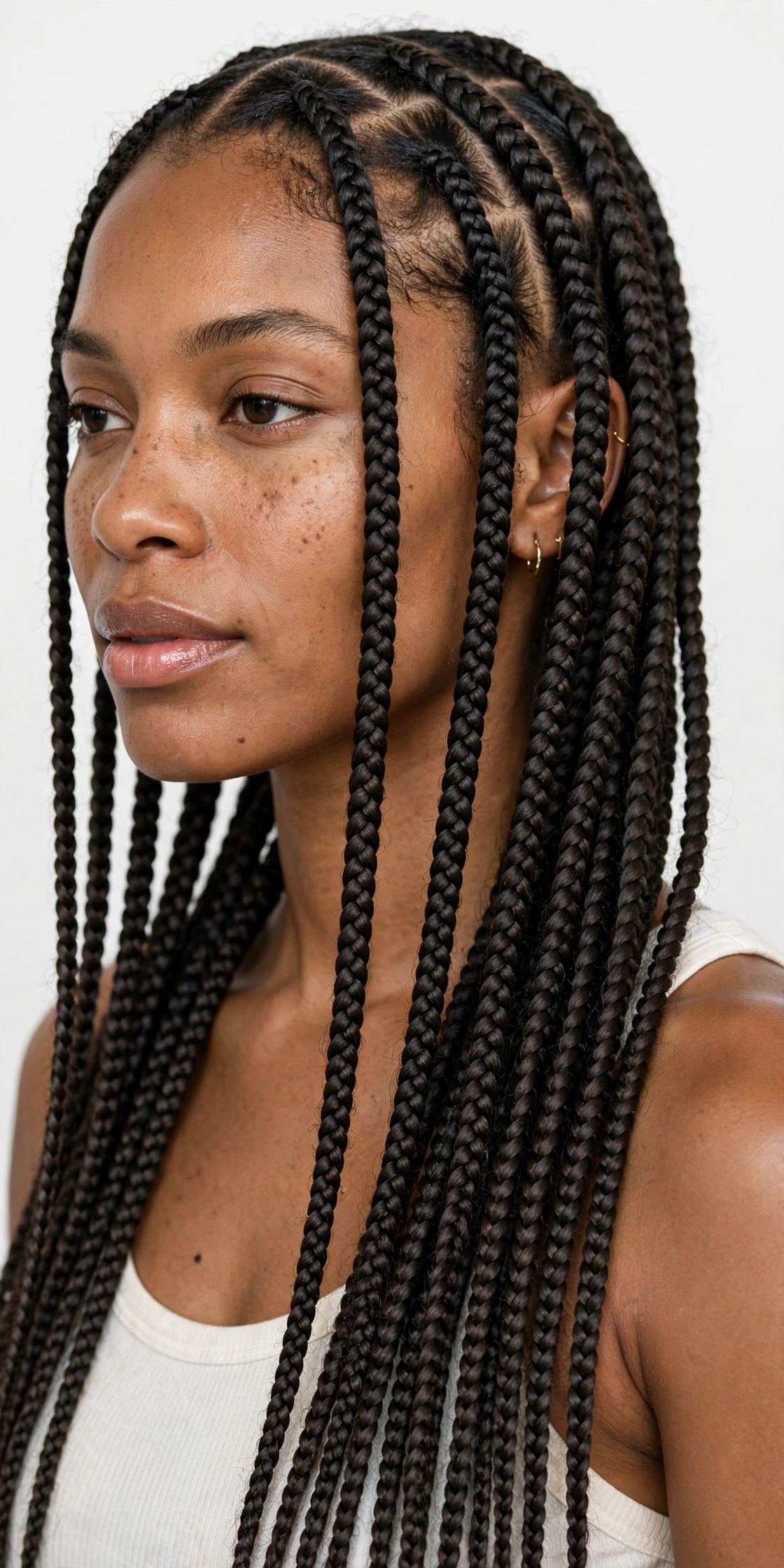 Medium knotless braids looking fresh and neat after several weeks of wear
