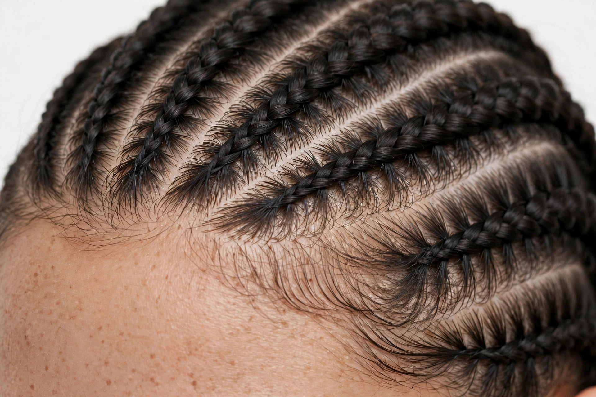 Close-up of comfortable flat knotless braid roots with no pulling at the scalp