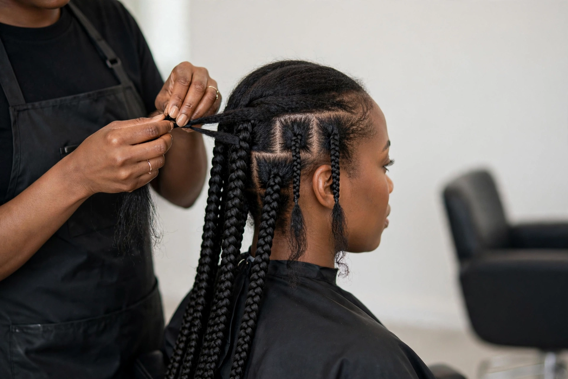 Braider installing knotless braids in a salon chair, feed-in technique in progress