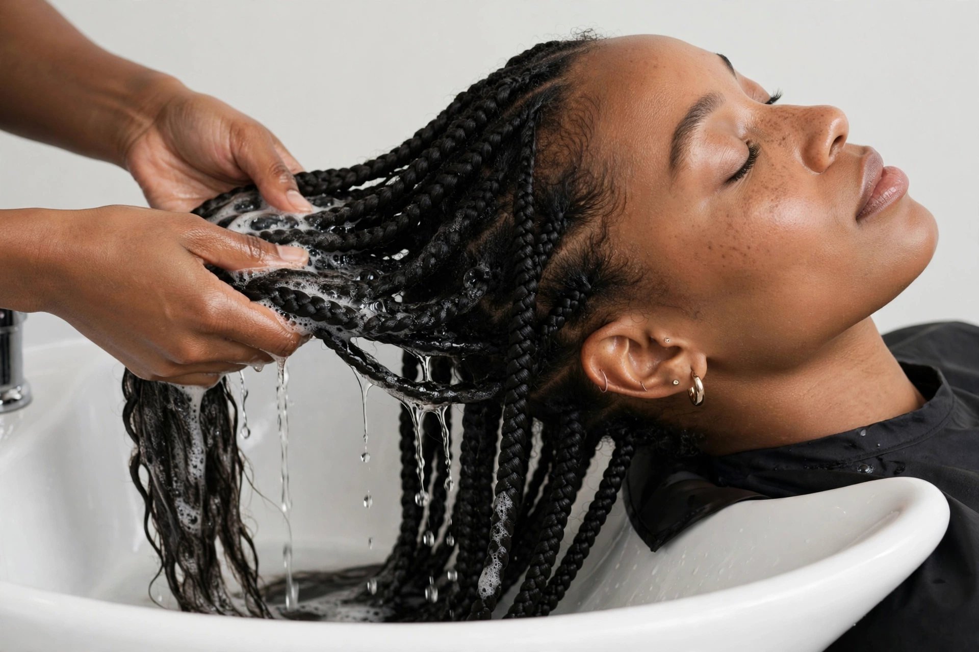 Woman gently washing her knotless braids at a salon shampoo bowl