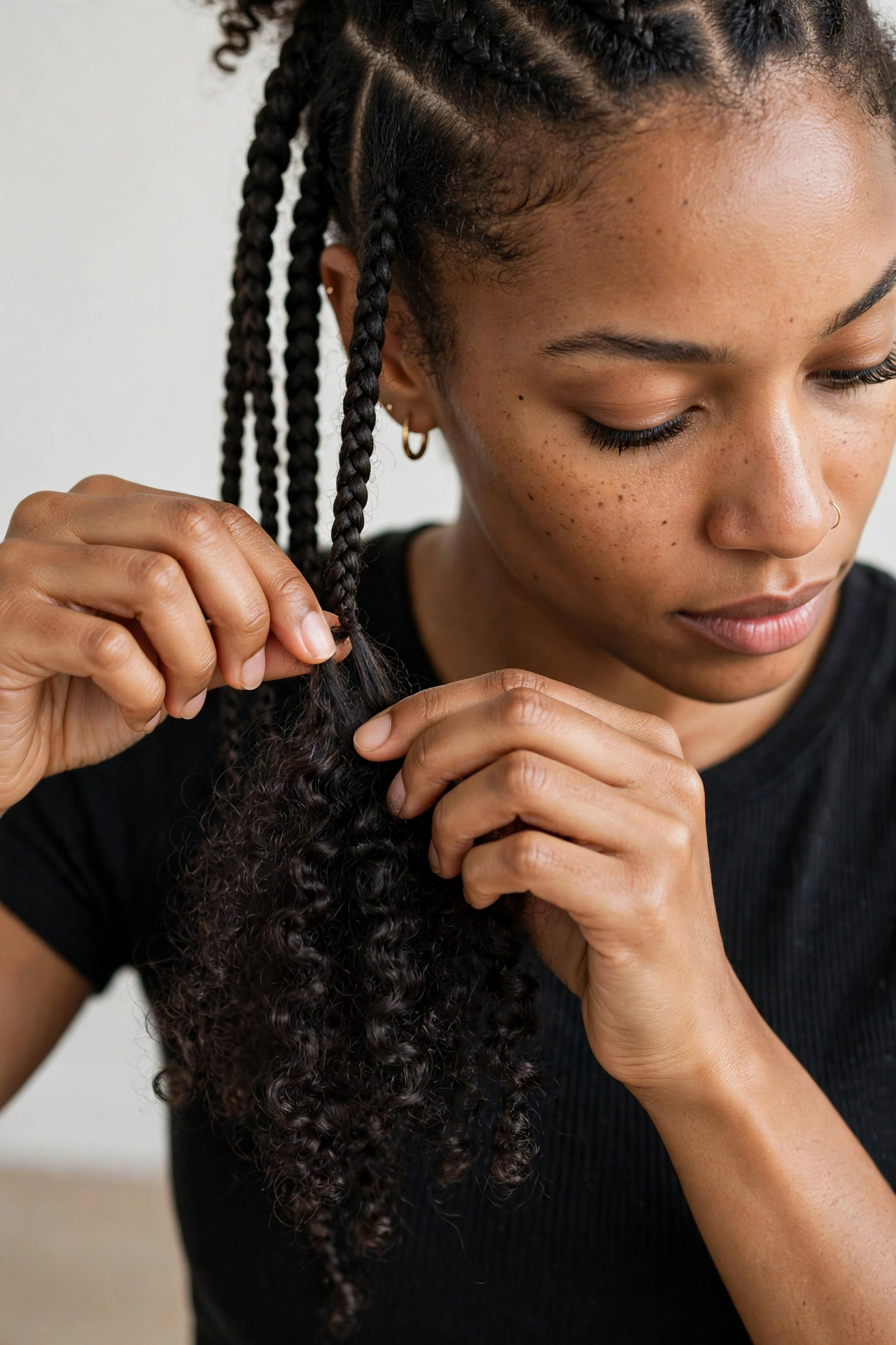 Woman carefully taking down knotless braids showing healthy natural hair underneath