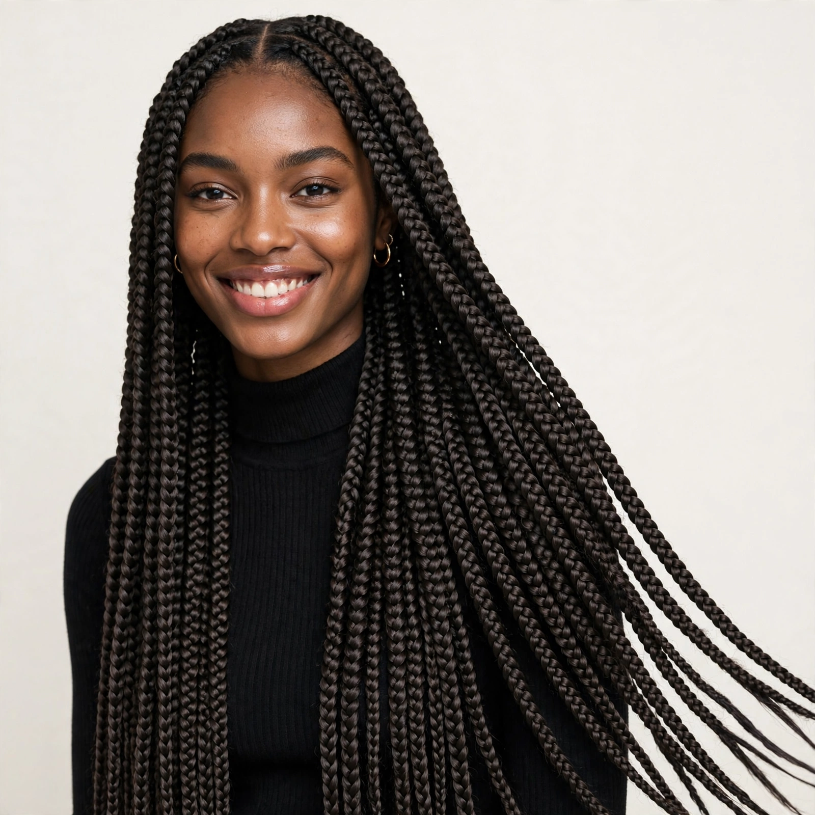Woman with long knotless braids smiling confidently