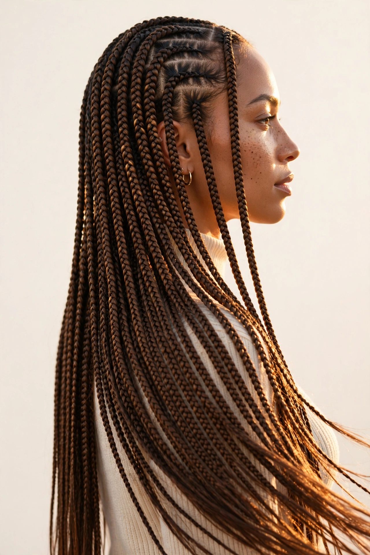Woman with beautiful long knotless braids in golden hour light