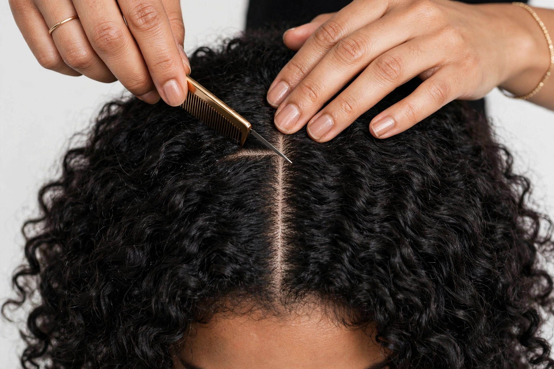 Braider's hands sectioning hair with a comb showing clean precise parts