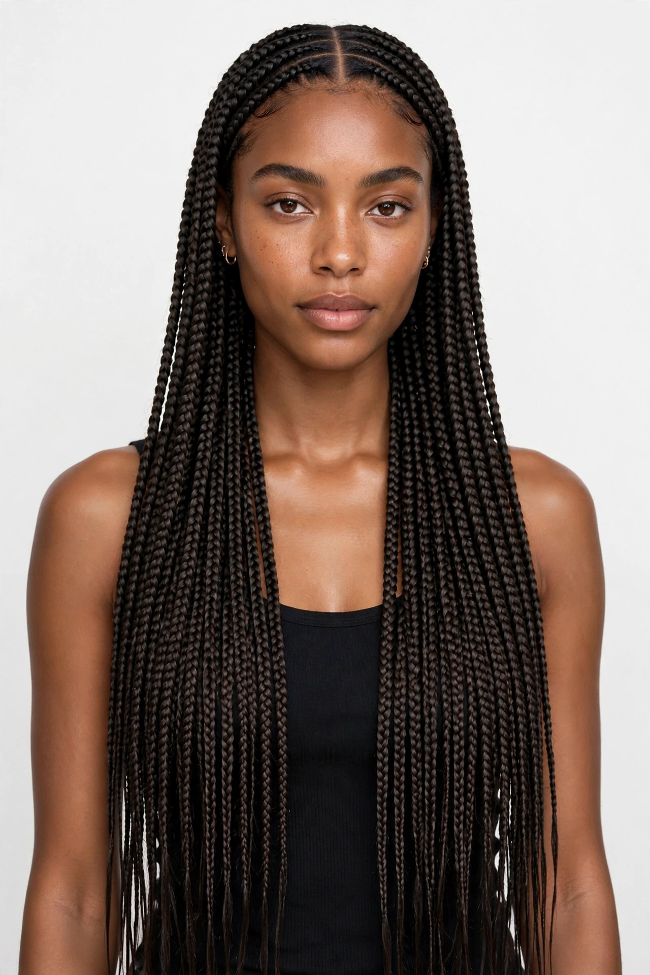 Classic medium waist-length knotless braids in a neat middle part