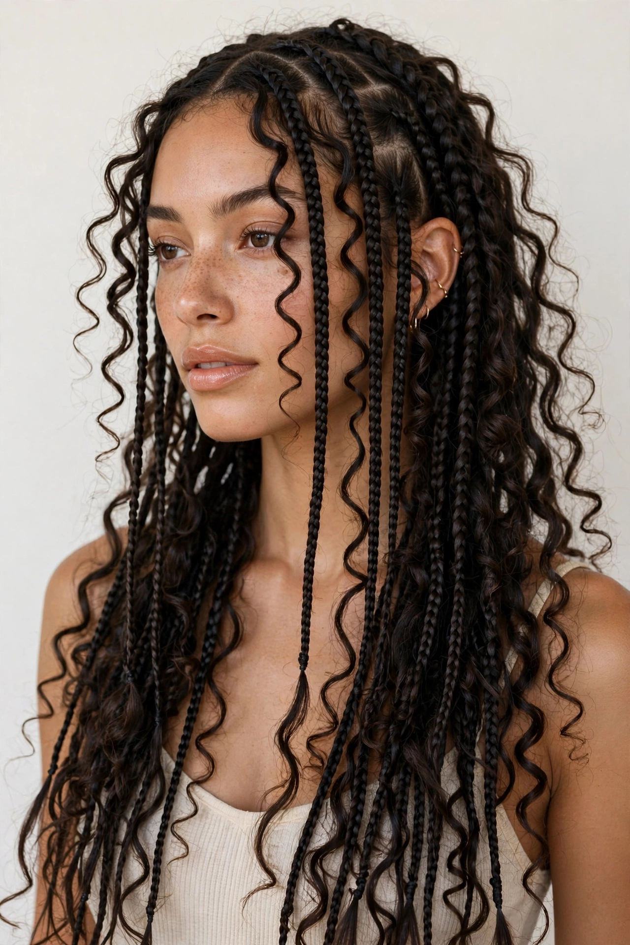 Boho knotless braids with loose curly pieces left out throughout the braids