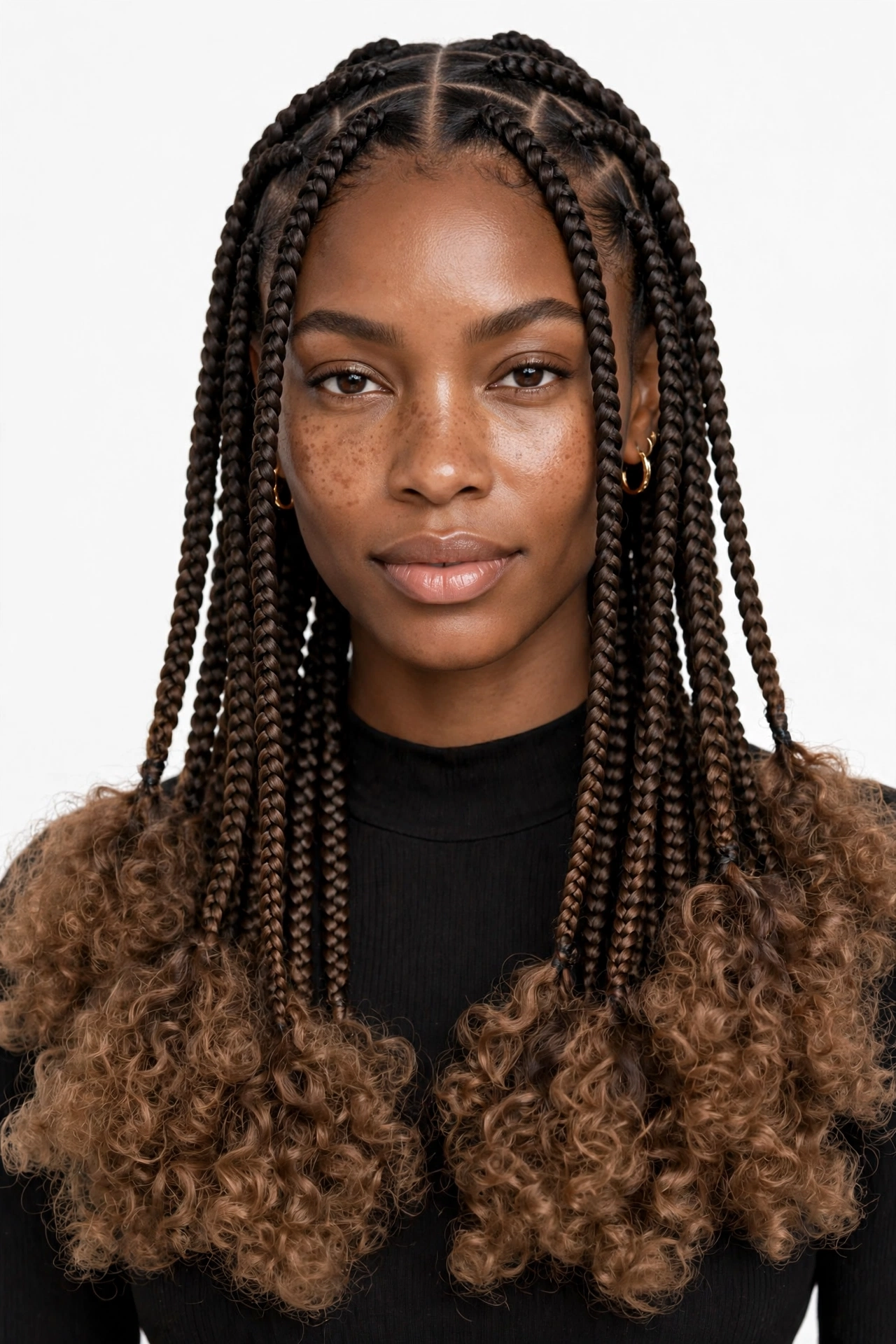 Goddess knotless braids with curly fluffy ends at the bottom of each braid
