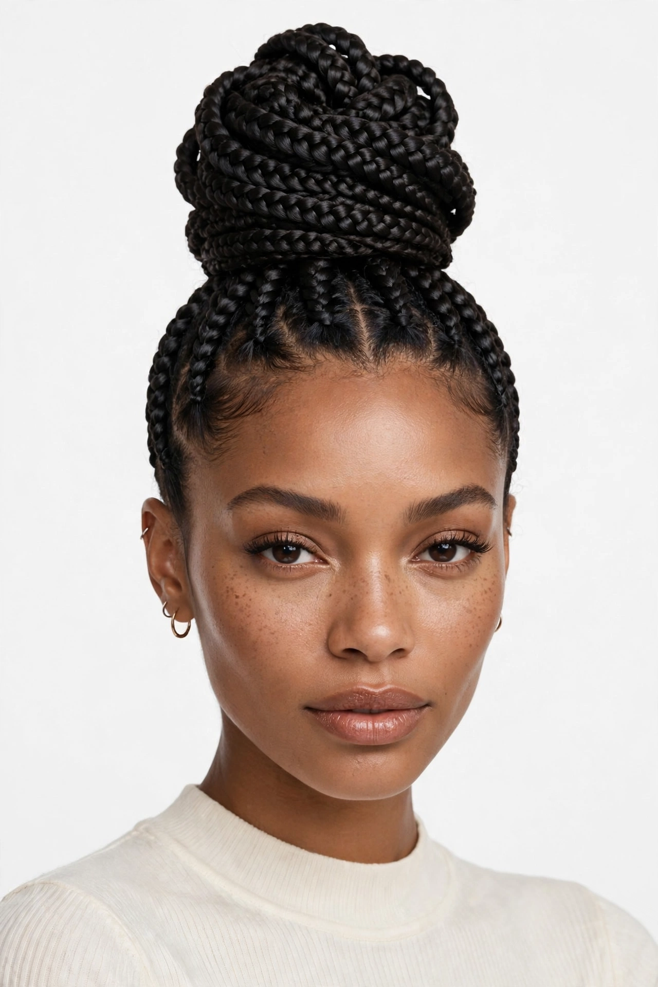 Long knotless braids styled into a high bun on top of the head