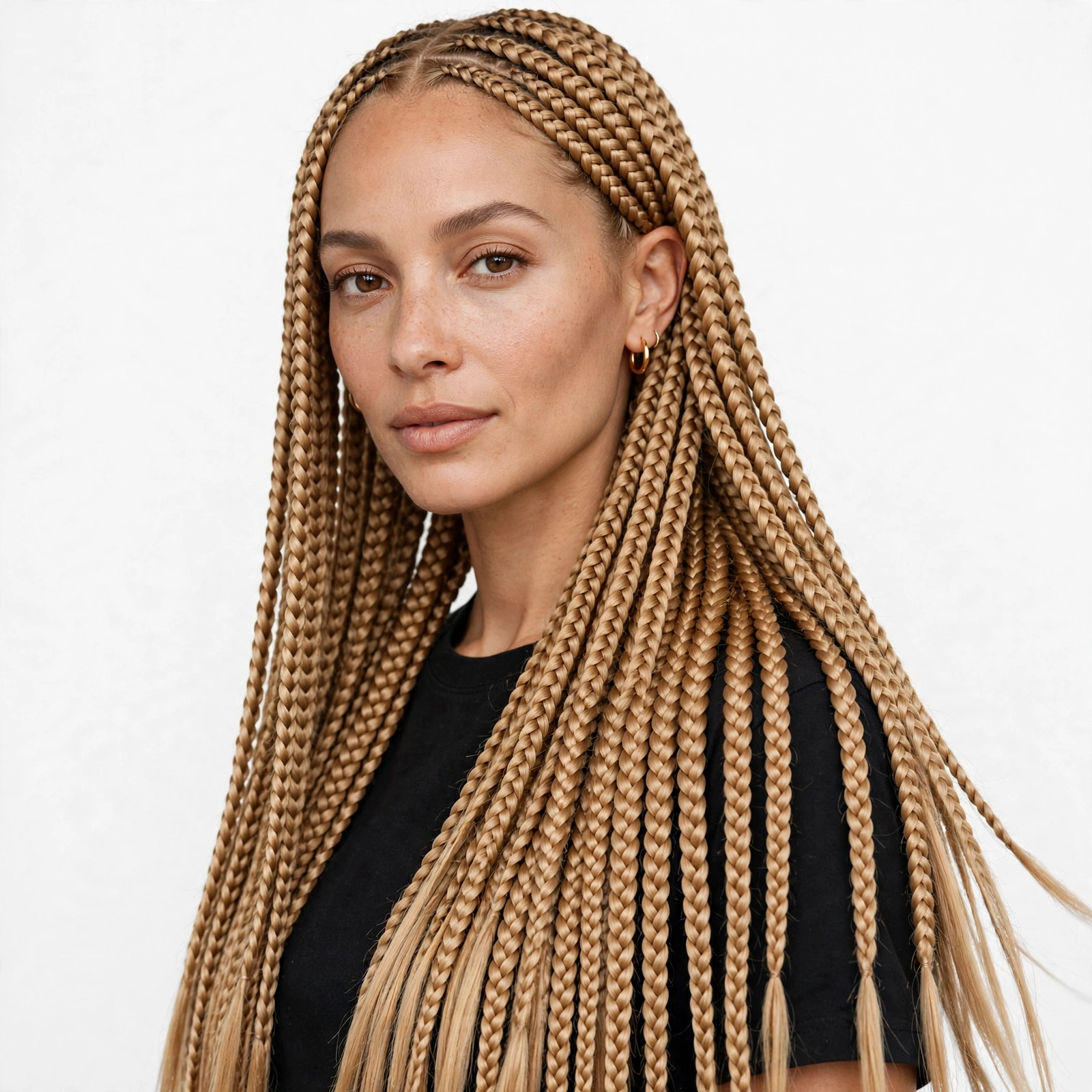 Long knotless braids in warm honey blonde color