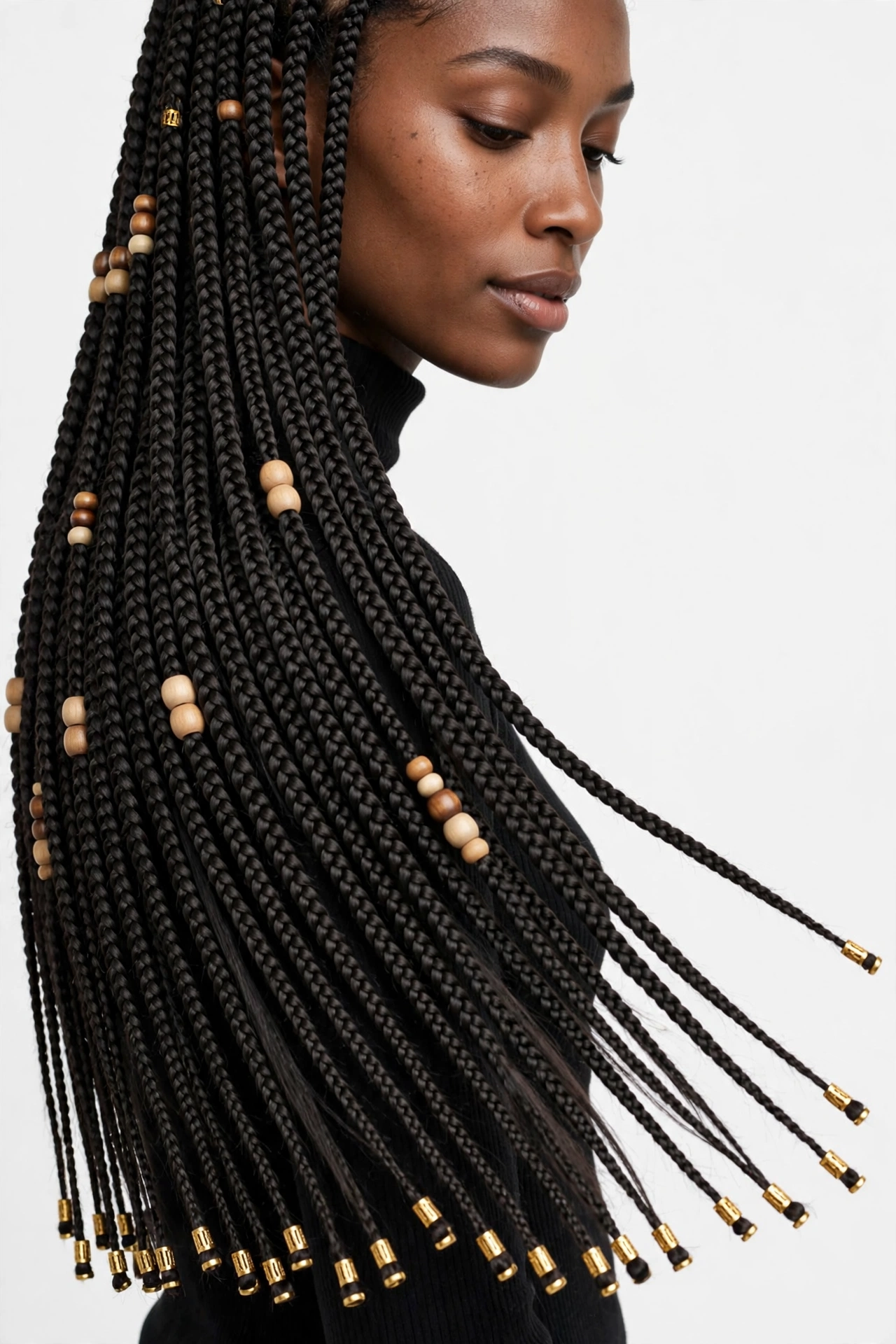 Long knotless braids decorated with wooden beads and gold hair cuffs