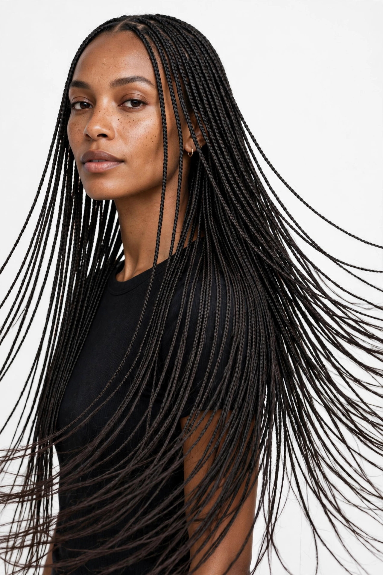 Small thin pencil-sized knotless braids worn long and flowing