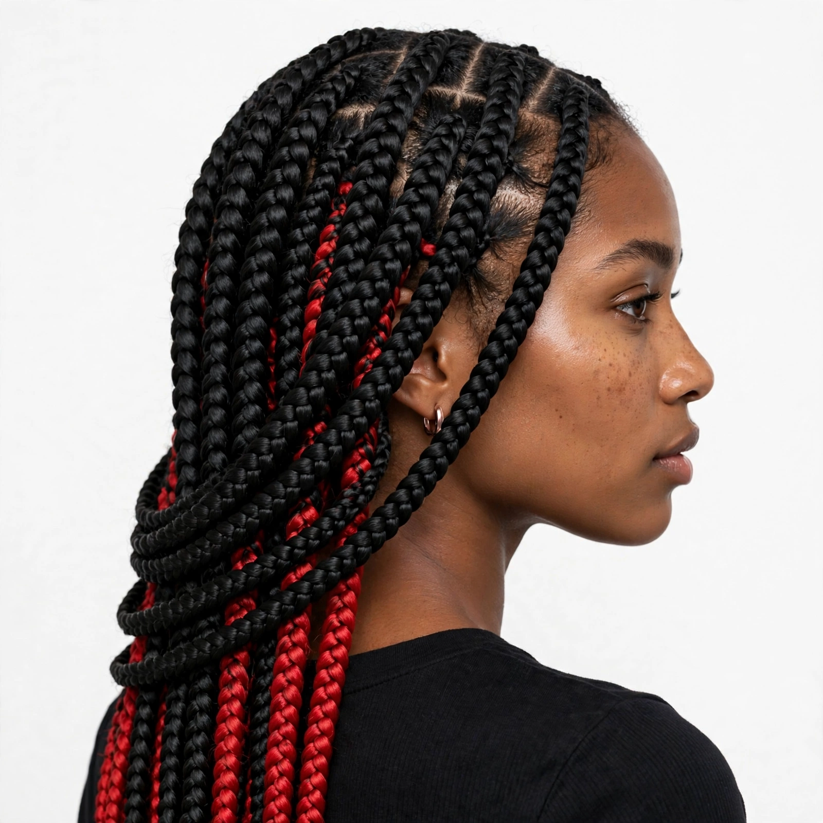 Black knotless braids with peekaboo red braids hidden underneath the top layer