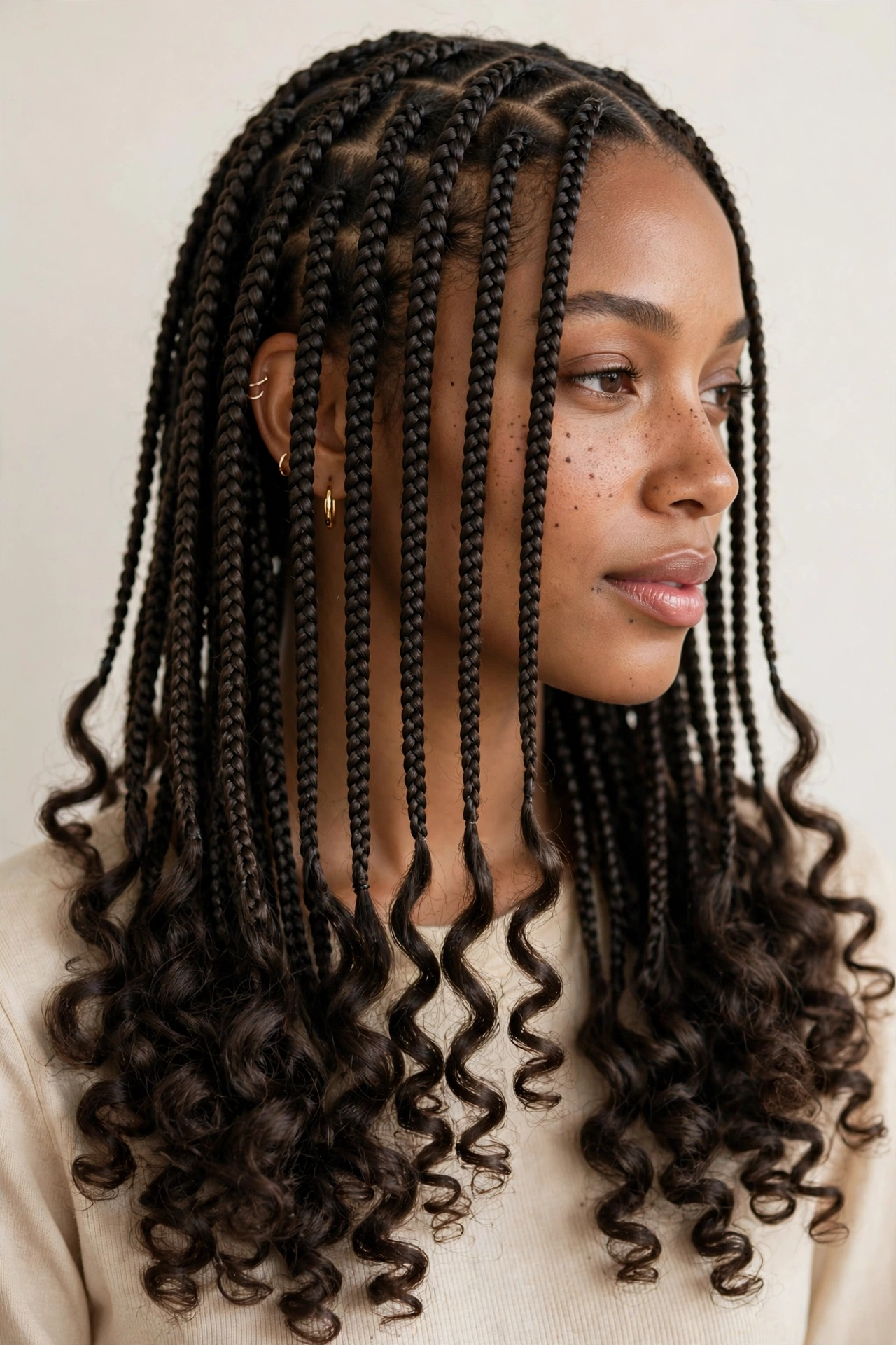 Knotless braids with loose curly ends on every braid