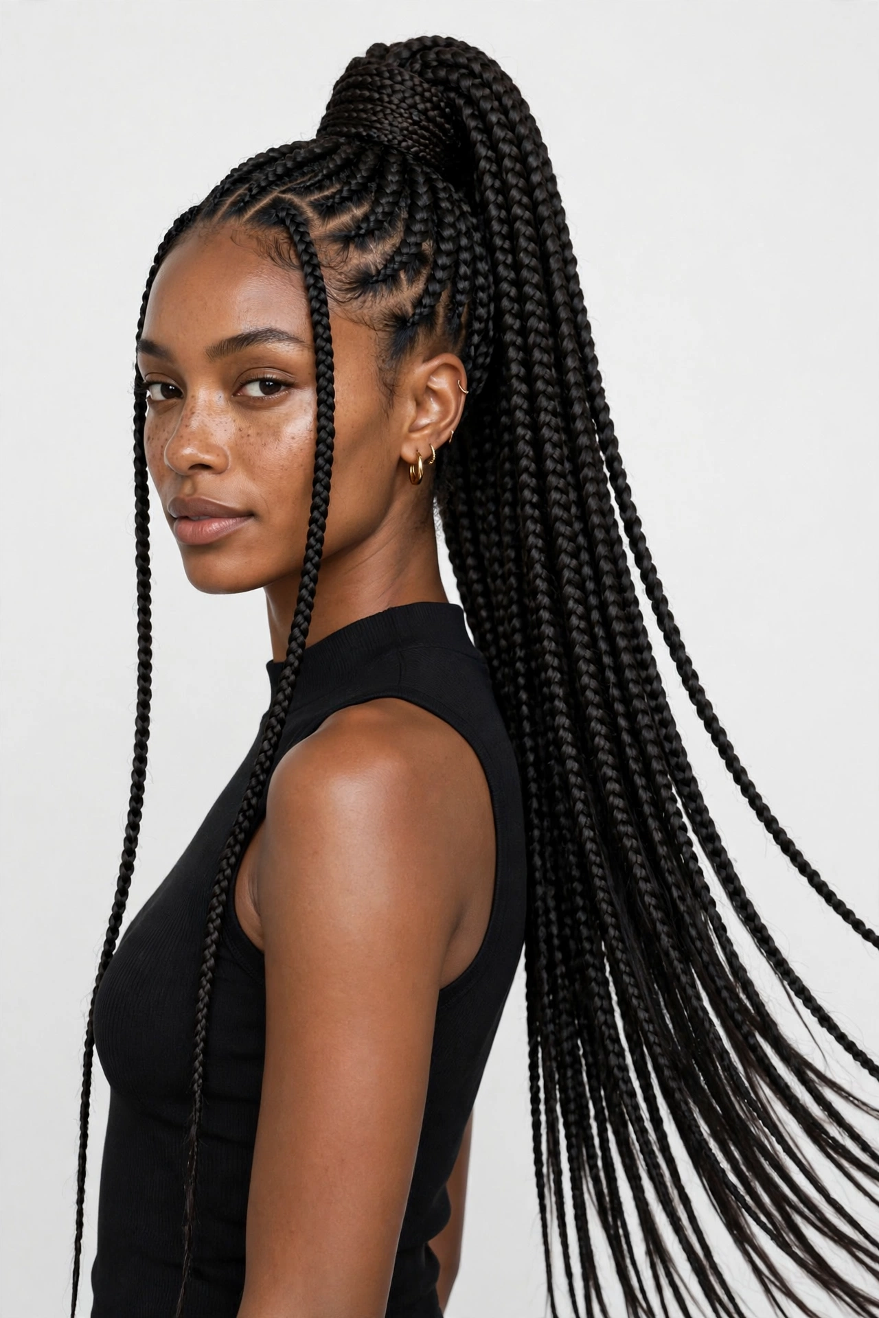 Long knotless braids styled in a half-up high ponytail