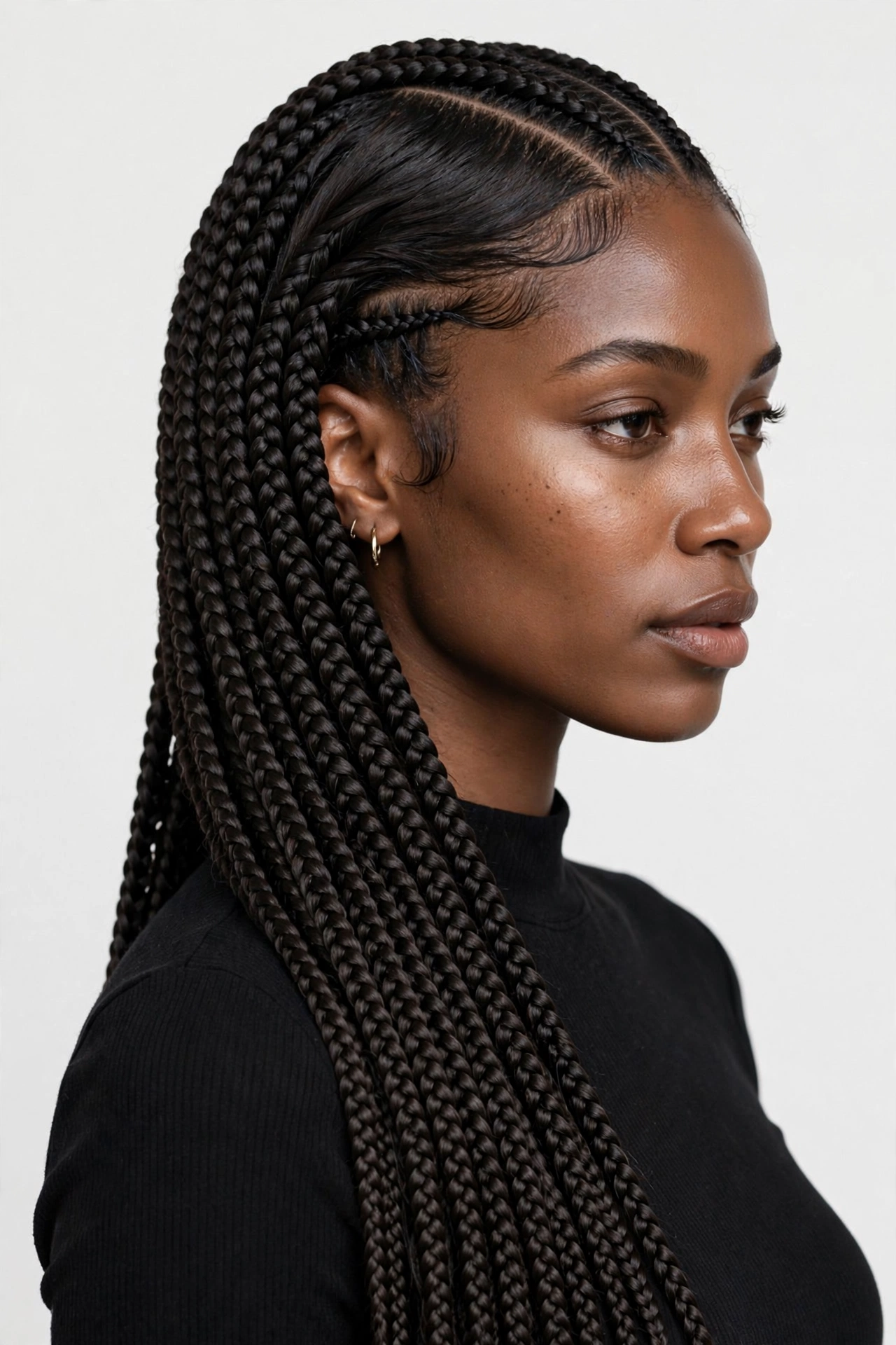 Long knotless braids in a deep dramatic side part