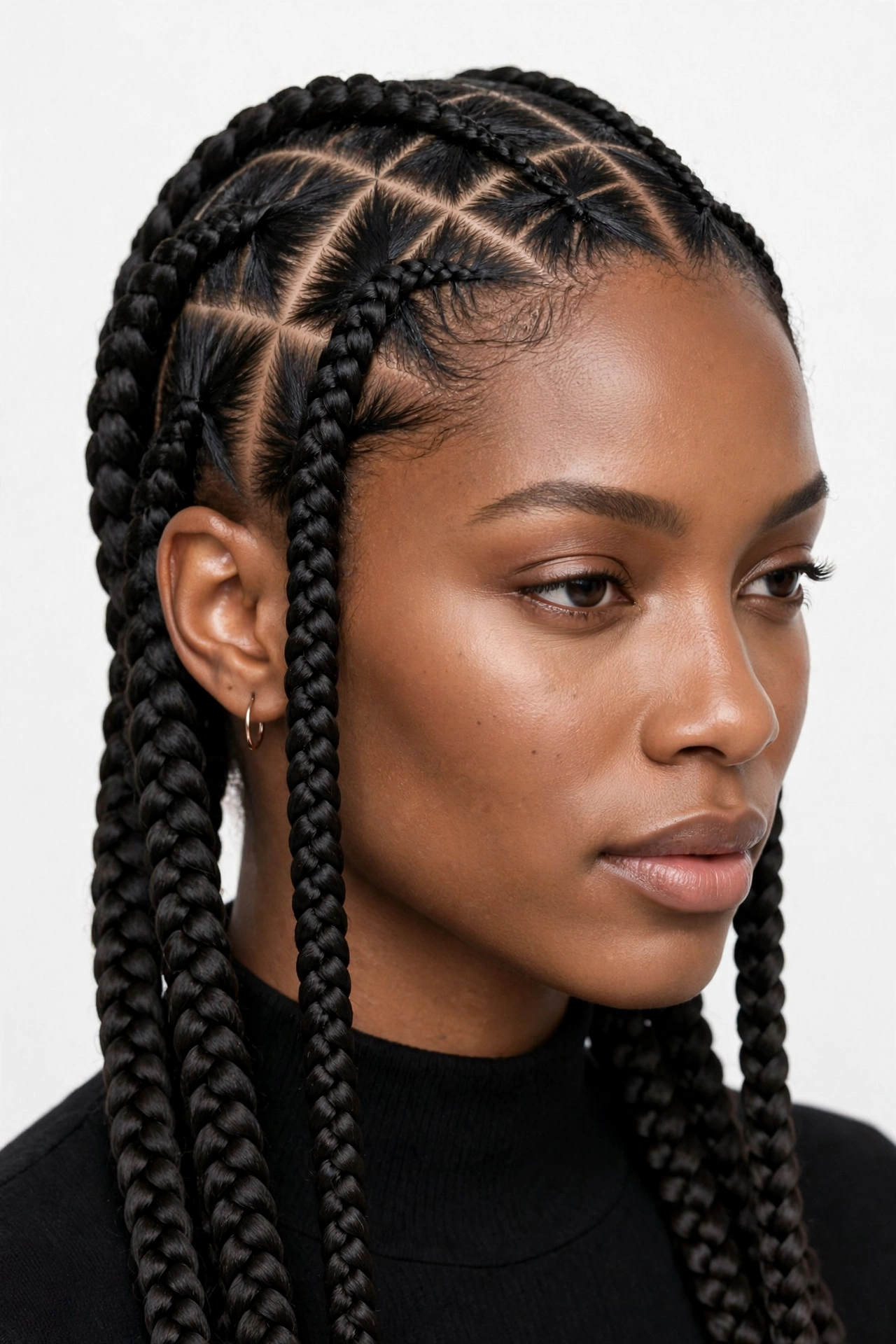 Knotless braids with precise triangle-shaped partings at the scalp