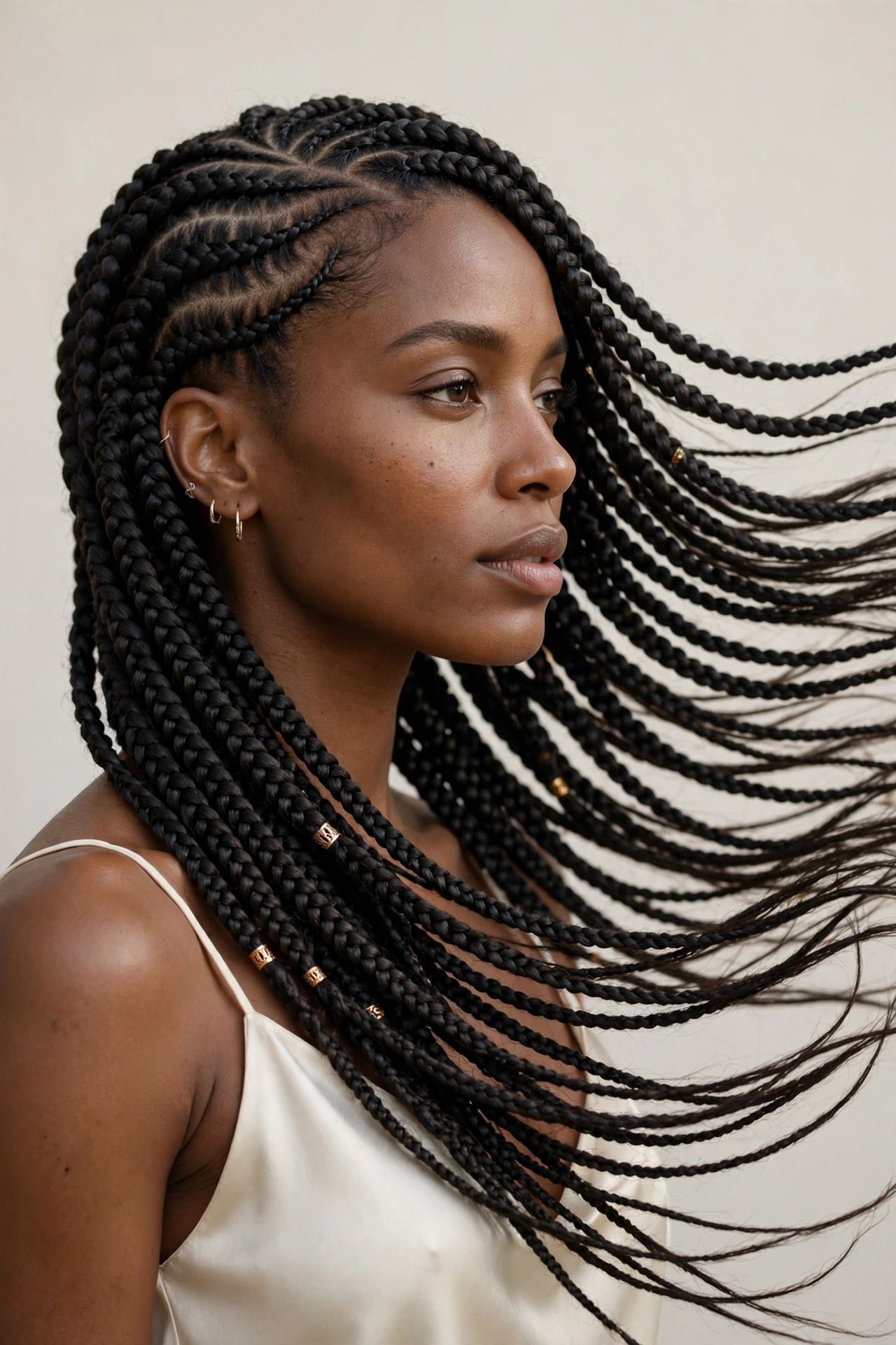 Knotless braids swept dramatically to one side in a lemonade braid style